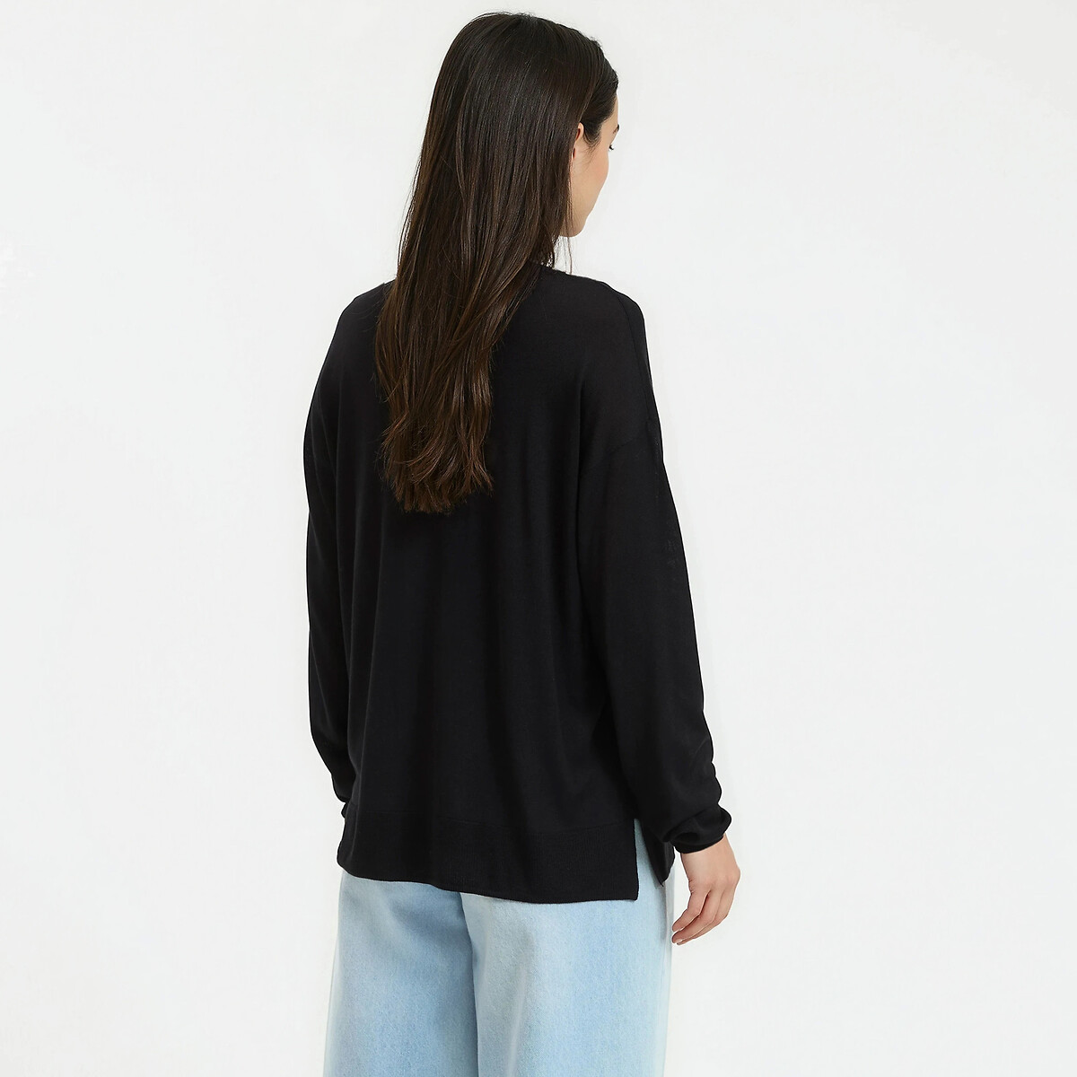 Fine Knit Jumper with V-Neck black, LA REDOUTE COLLECTIONS