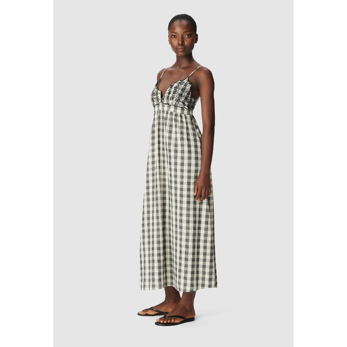 Robe longue motif carreaux et broderies ecru, IKKS