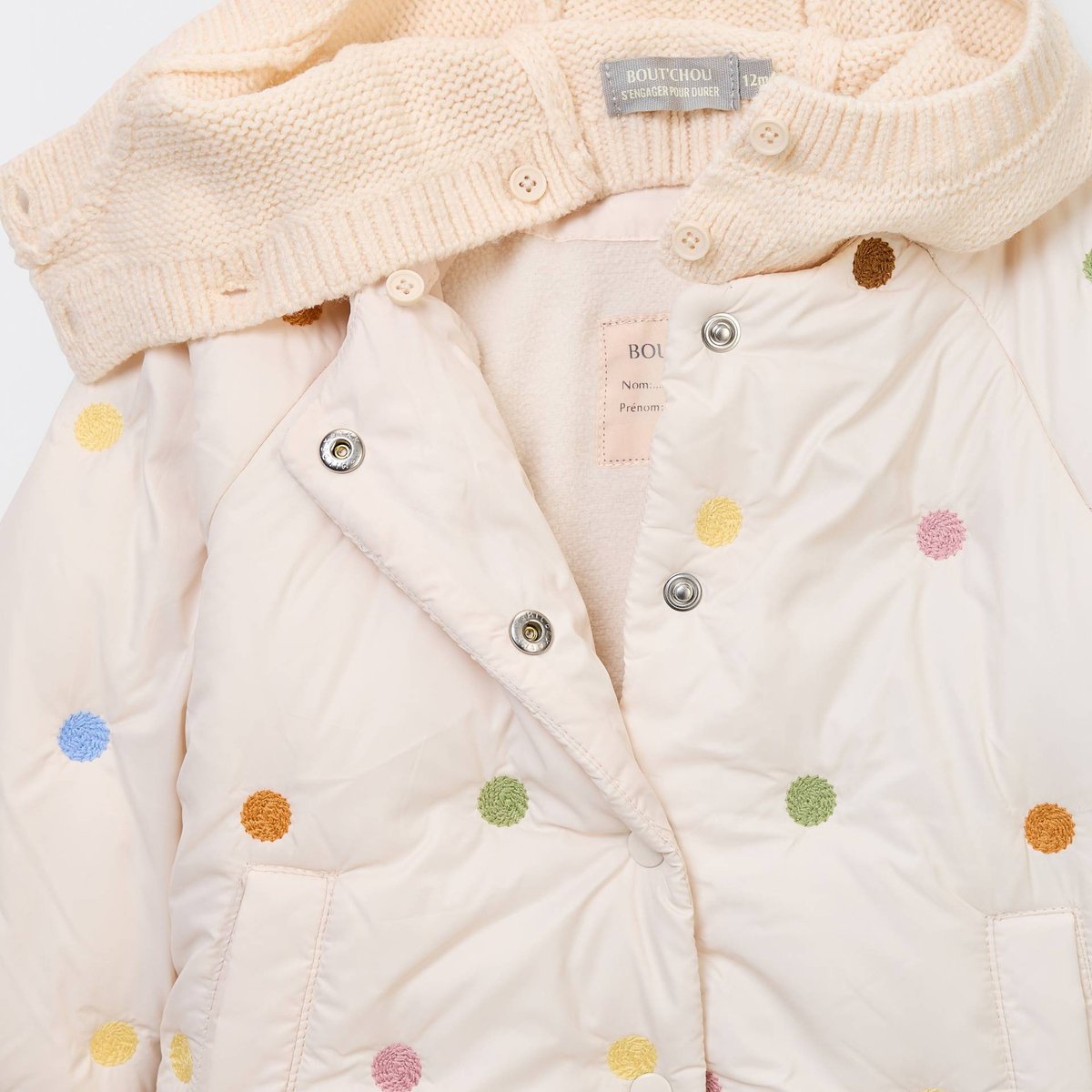 Doudoune brodée à capuche amovible avec gants doublés polaire naturel, BOUT'CHOU