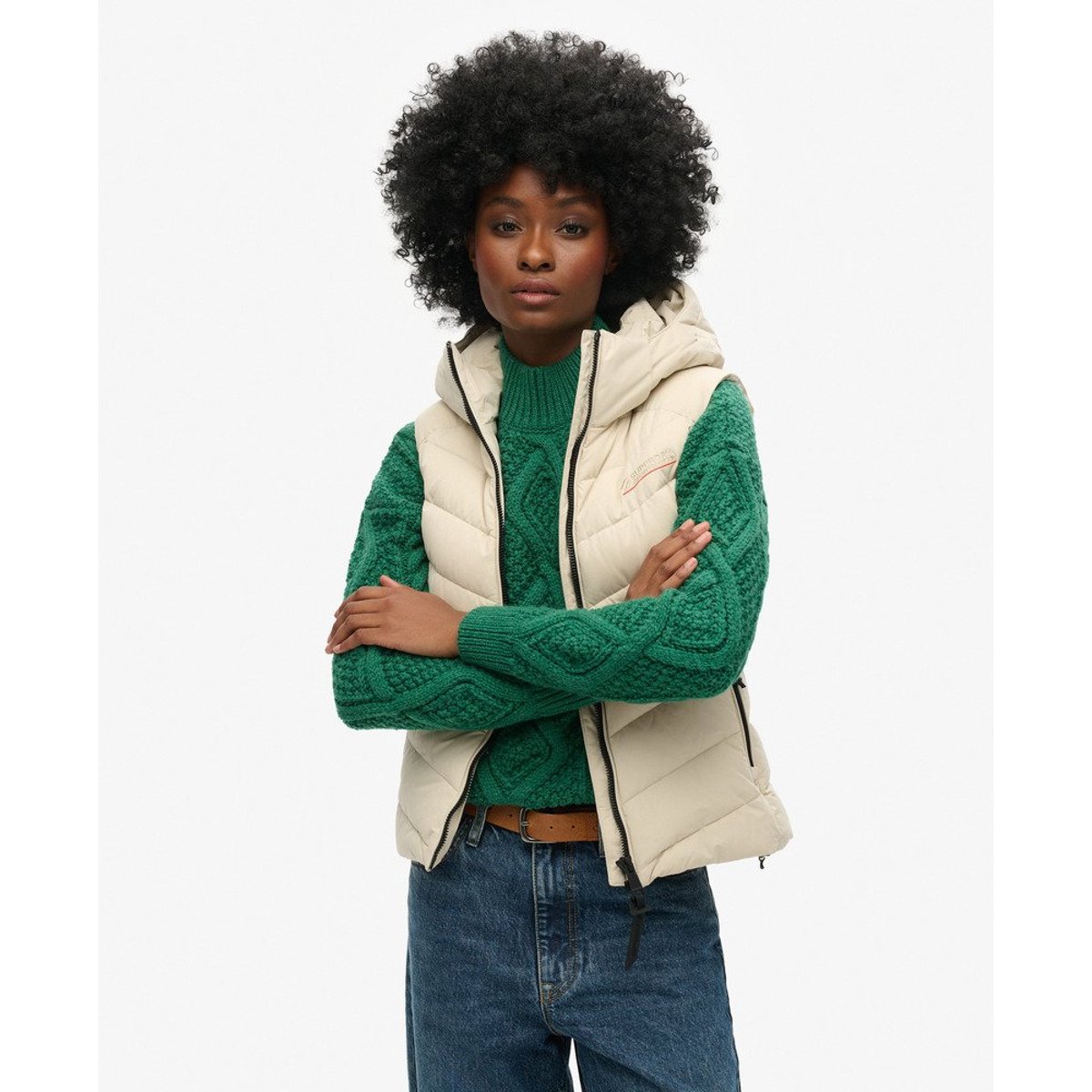 Doudoune sans manches à capuche en microfibre beige pélican, SUPERDRY