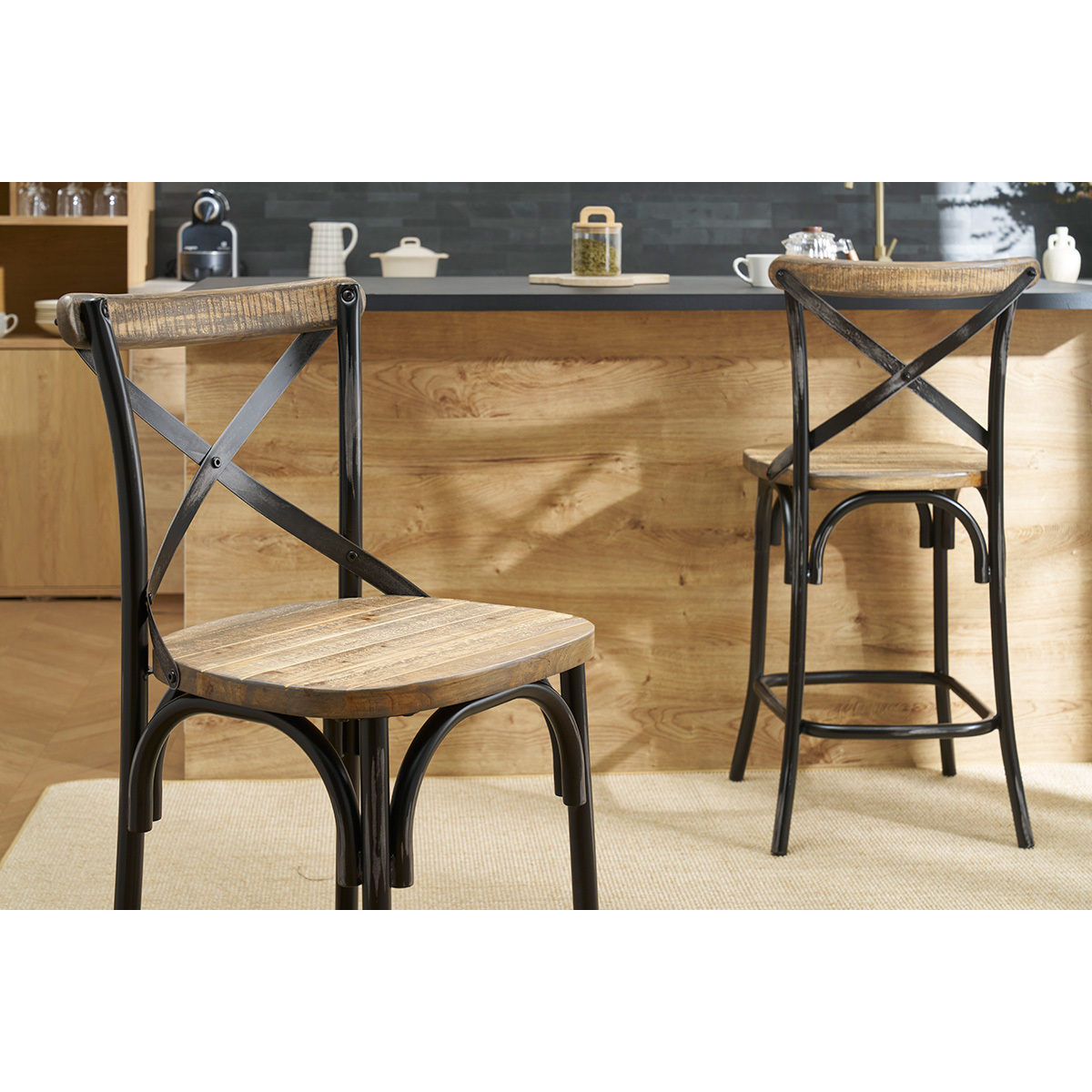 Tabouret de bar industriel en bois et métal noir 65 cm JAKE noir, MILIBOO