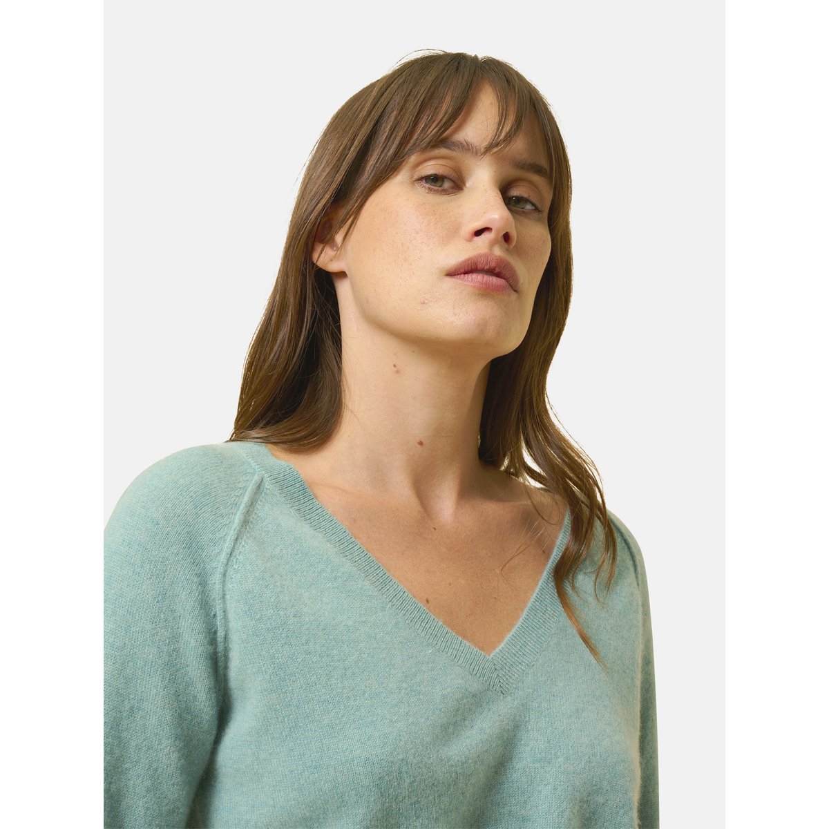 Pull Col V  Vert Chiné Phoebe vert, JUST CASHMERE