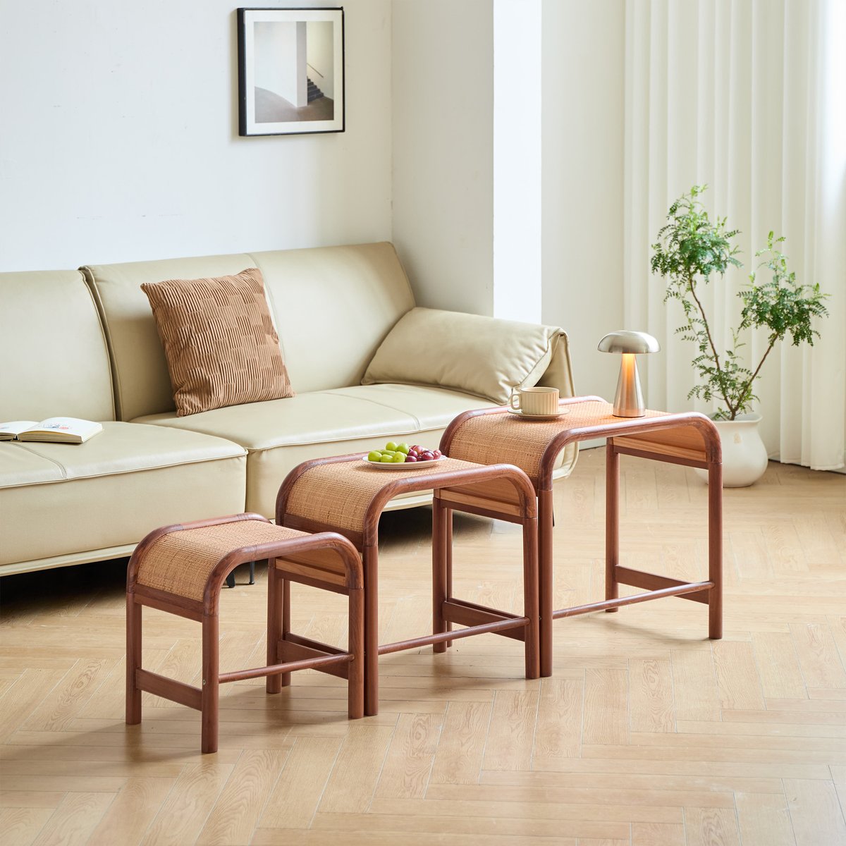 Set de 3 tables basses, bois et rotin, JOVIK coloris noyer, NORDLYS