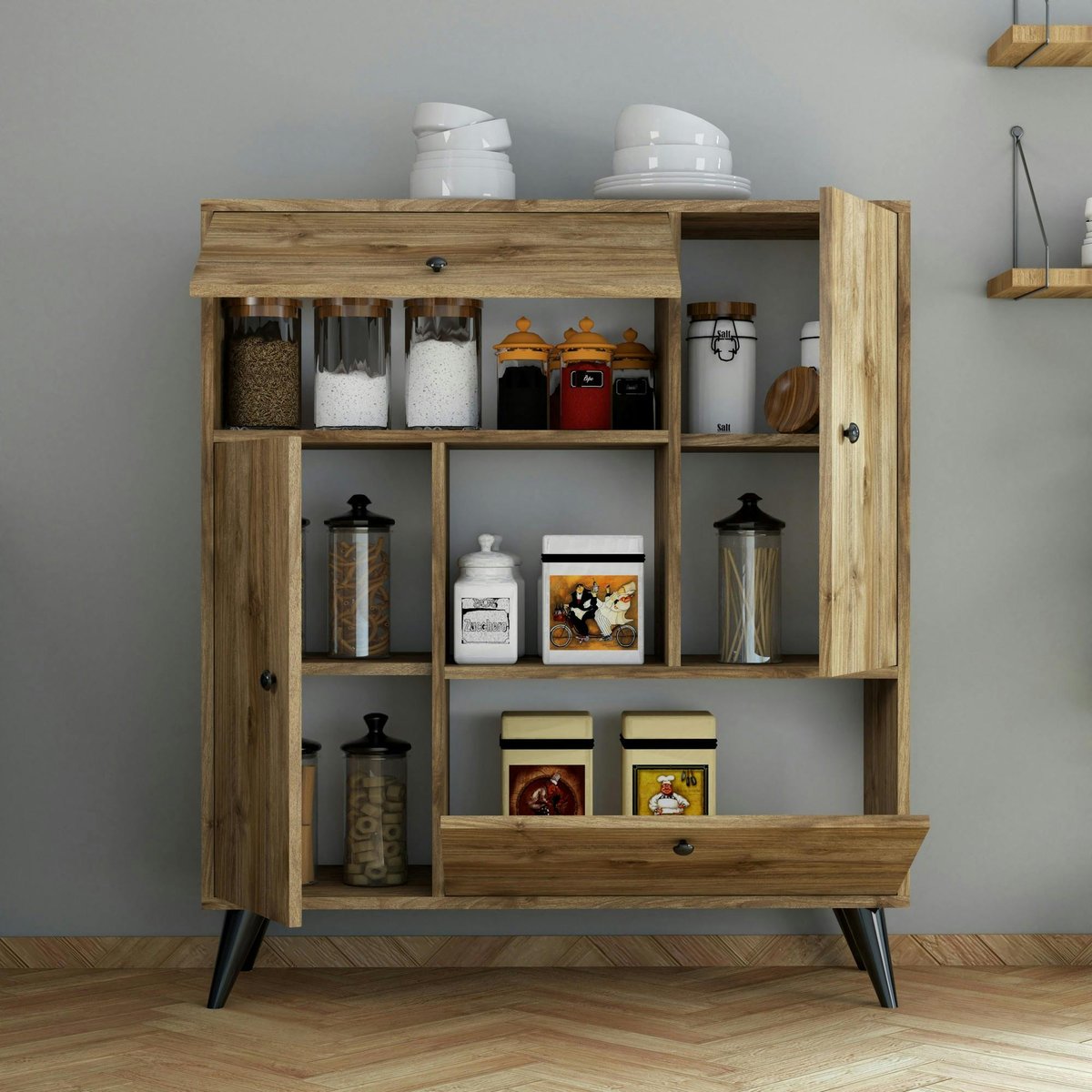 Buffet haut moderne 4 portes niche centrale, effet noyer JENA bois naturel, PIER IMPORT