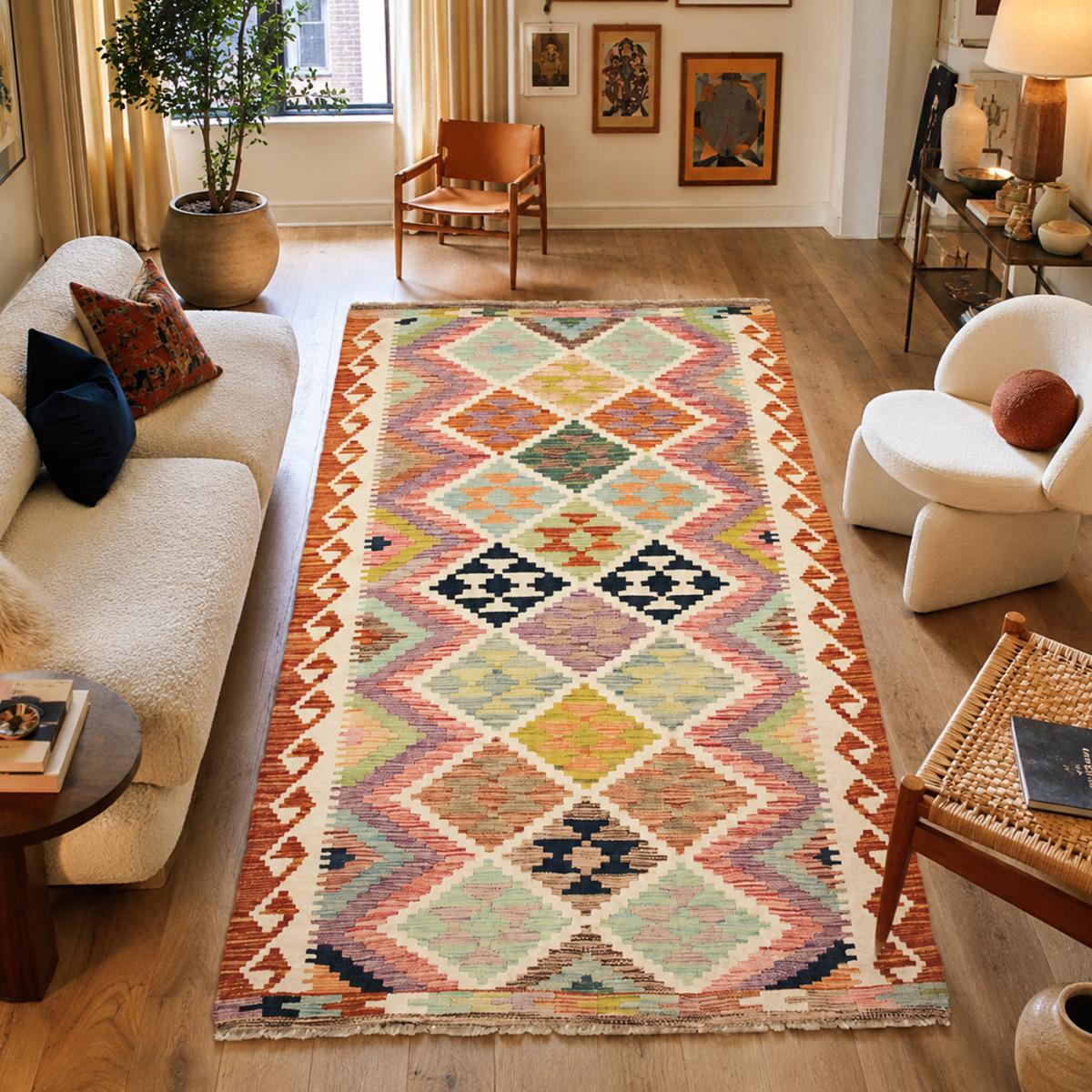 Tapis kilim, motif ethnique authentique, tissé plat en laine multicolore, beige, rouge, UN AMOUR DE TAPIS