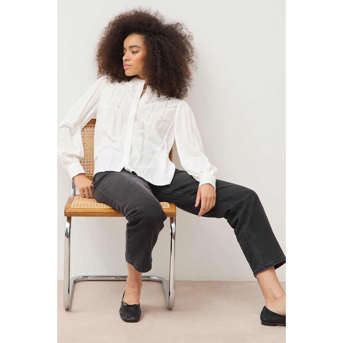 Blouse ajourée col rond manches longues ecru, BONOBO