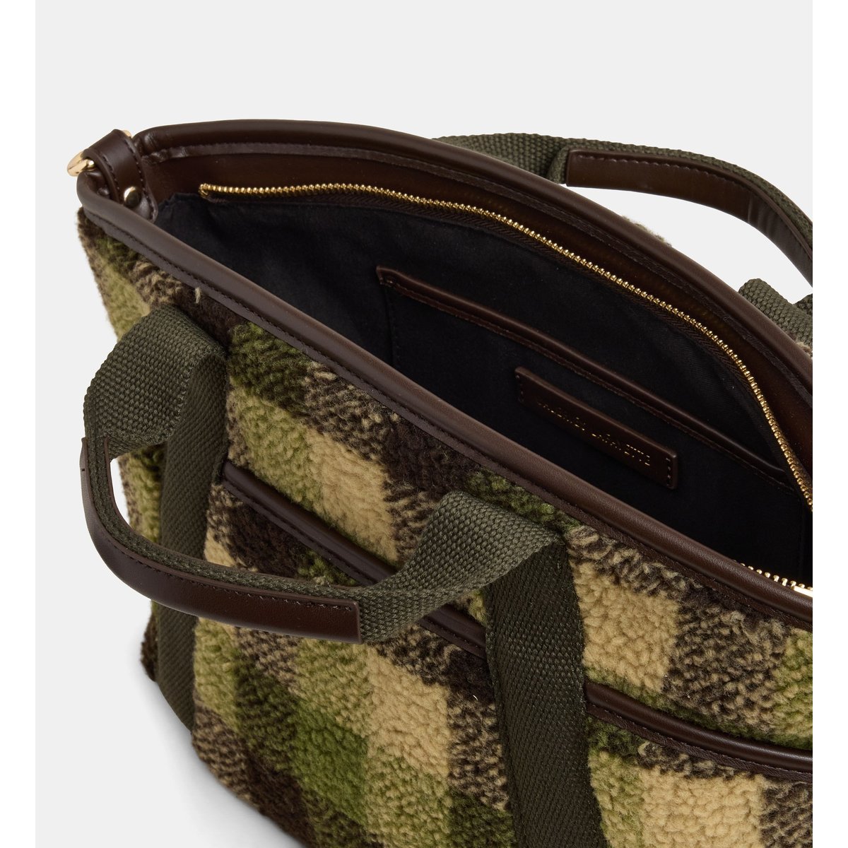 Sac cabas maggy shearling à carreaux vert et camel, GALERIES LAFAYETTE