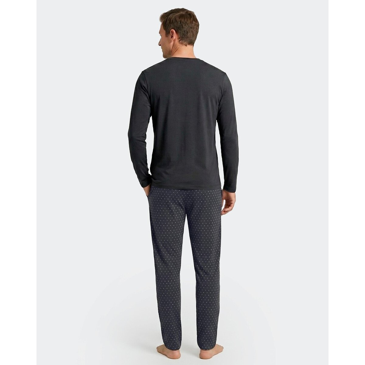 Pigiama lungo, pantaloni con stampa a pois blu marino, EDEN PARK