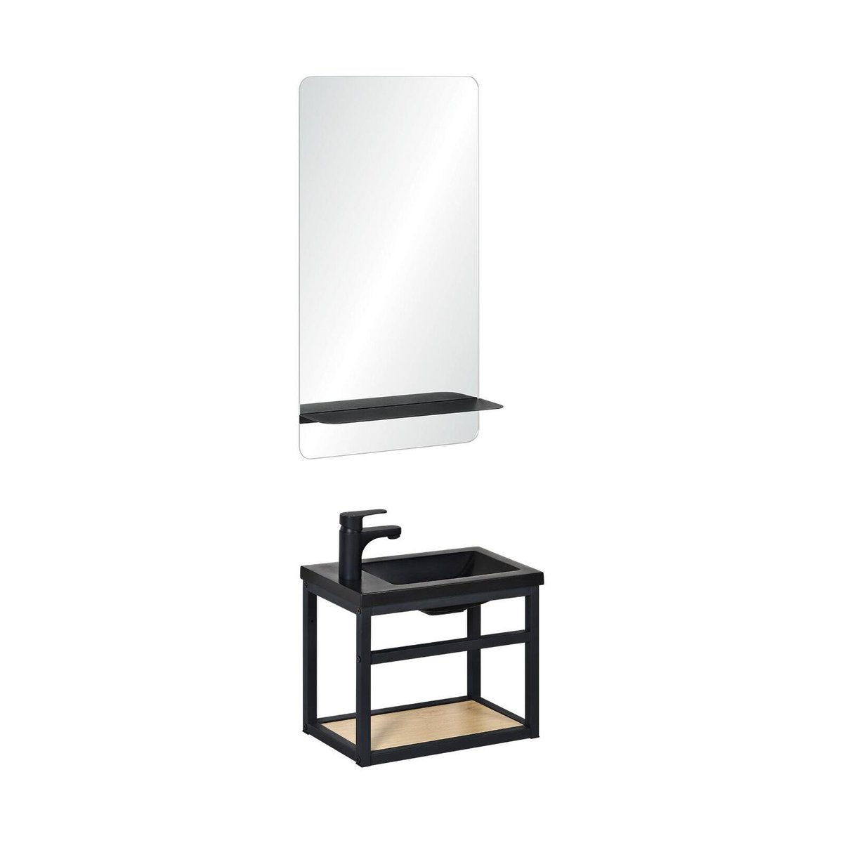 Ensemble lave-mains gain de place avec miroir tablette HAMPTON noir, MOB IN