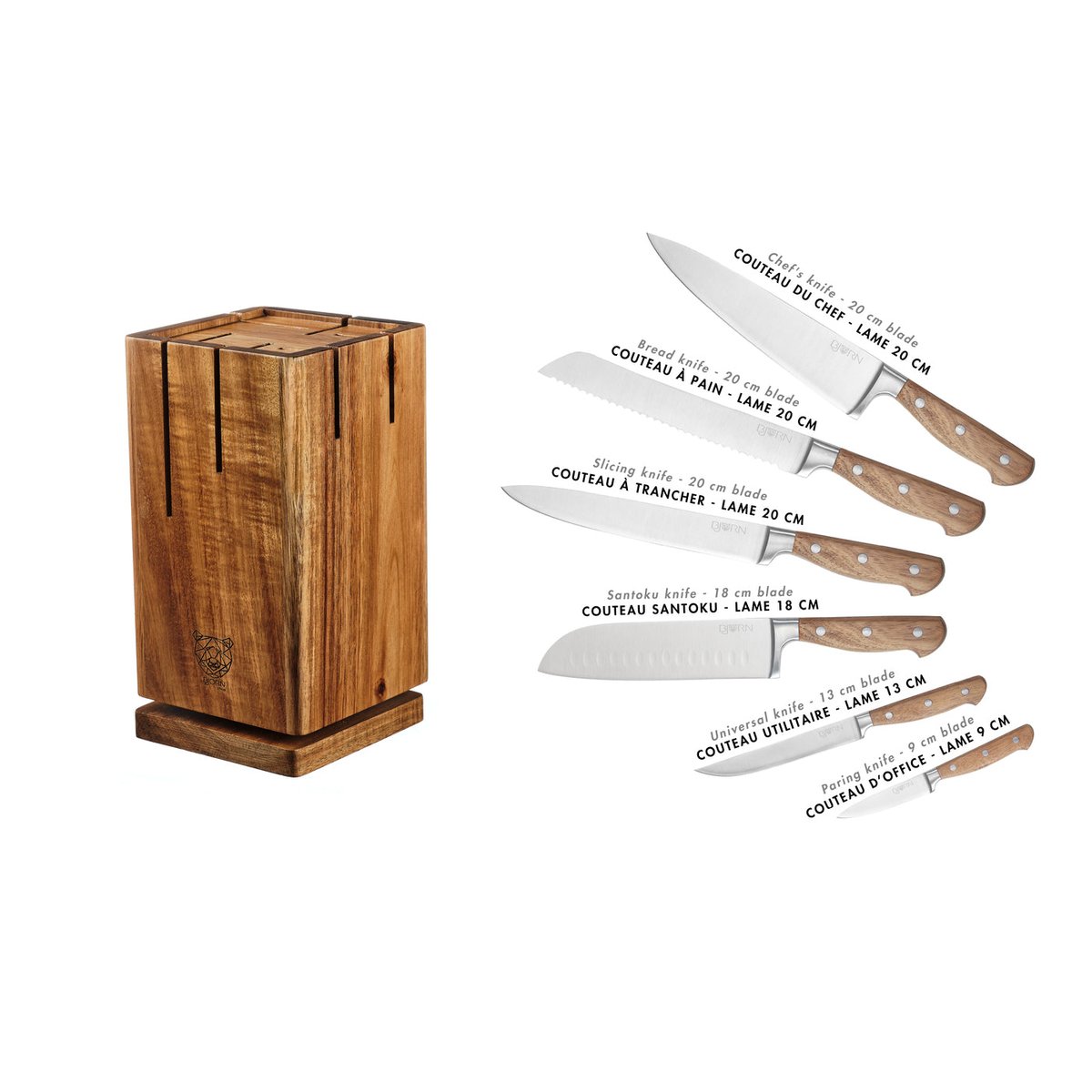 Lot de 7 couteaux de cuisine en inox, NUDE inox mat et bois, BJORN
