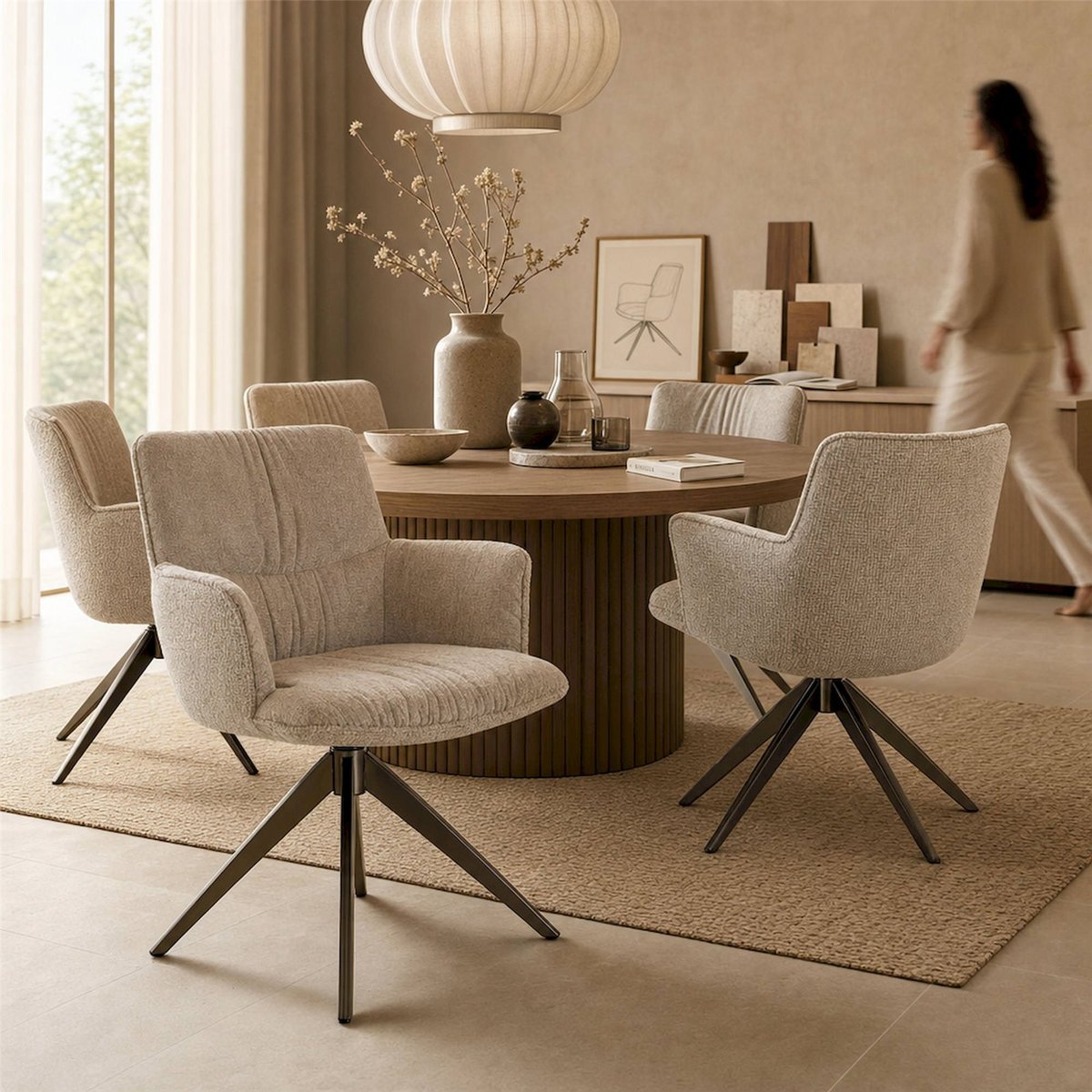 Chaise de salle à manger pivotante crème blockweave et sable, RECOLLECTION