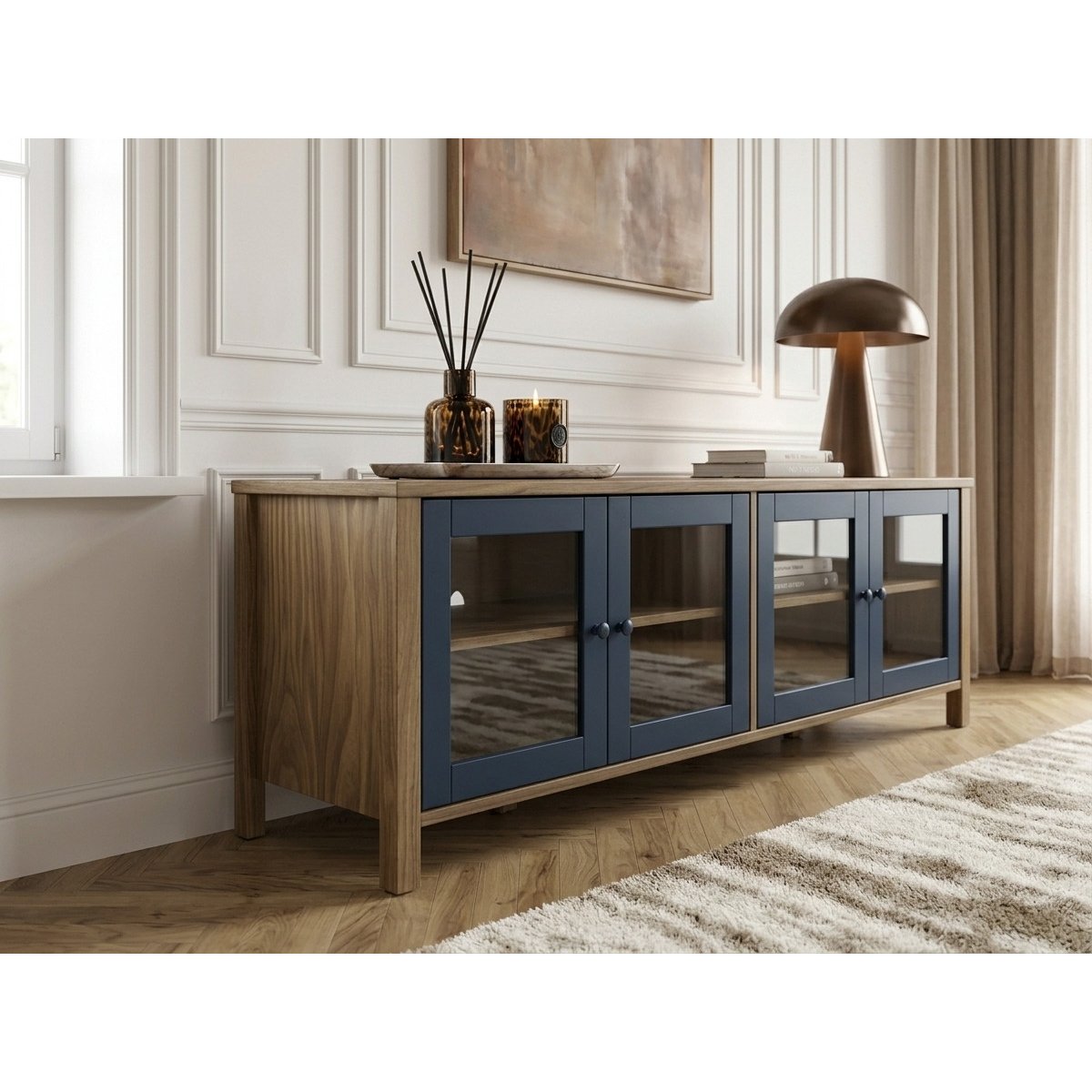 Meuble TV 150 cm panneaux de particules, LEXIE bleu, BOBOCHIC