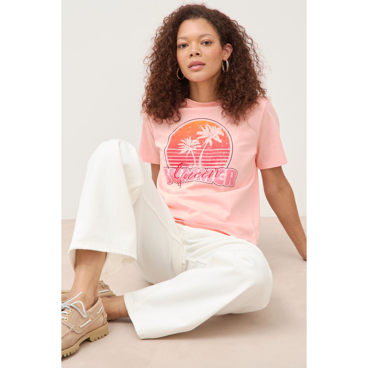 T-shirt droit col rond manches courtes rose saumon, BONOBO