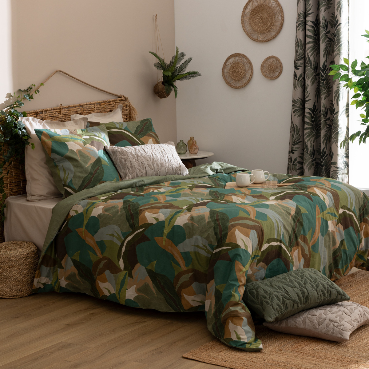 Parure de lit en percale de coton imprimée RENATA vert, ATMOSPHERA