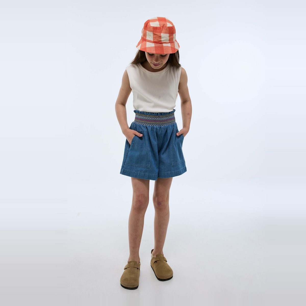 Short fluide taille élastiquée en jean blue denim, MONOPRIX