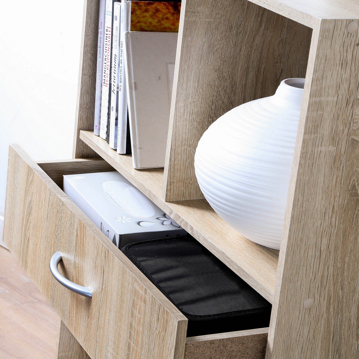 Etagère de rangement 4 casiers avec un tiroir bois clair, CALICOSY