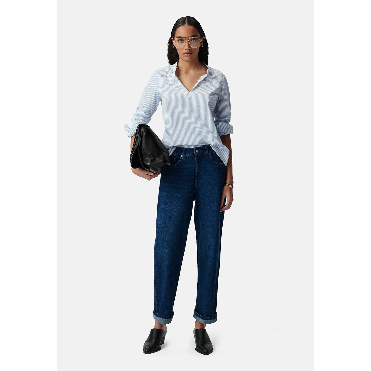 Striped V-Neck Blouse with Long Sleeves and Embroidery blue, IKKS