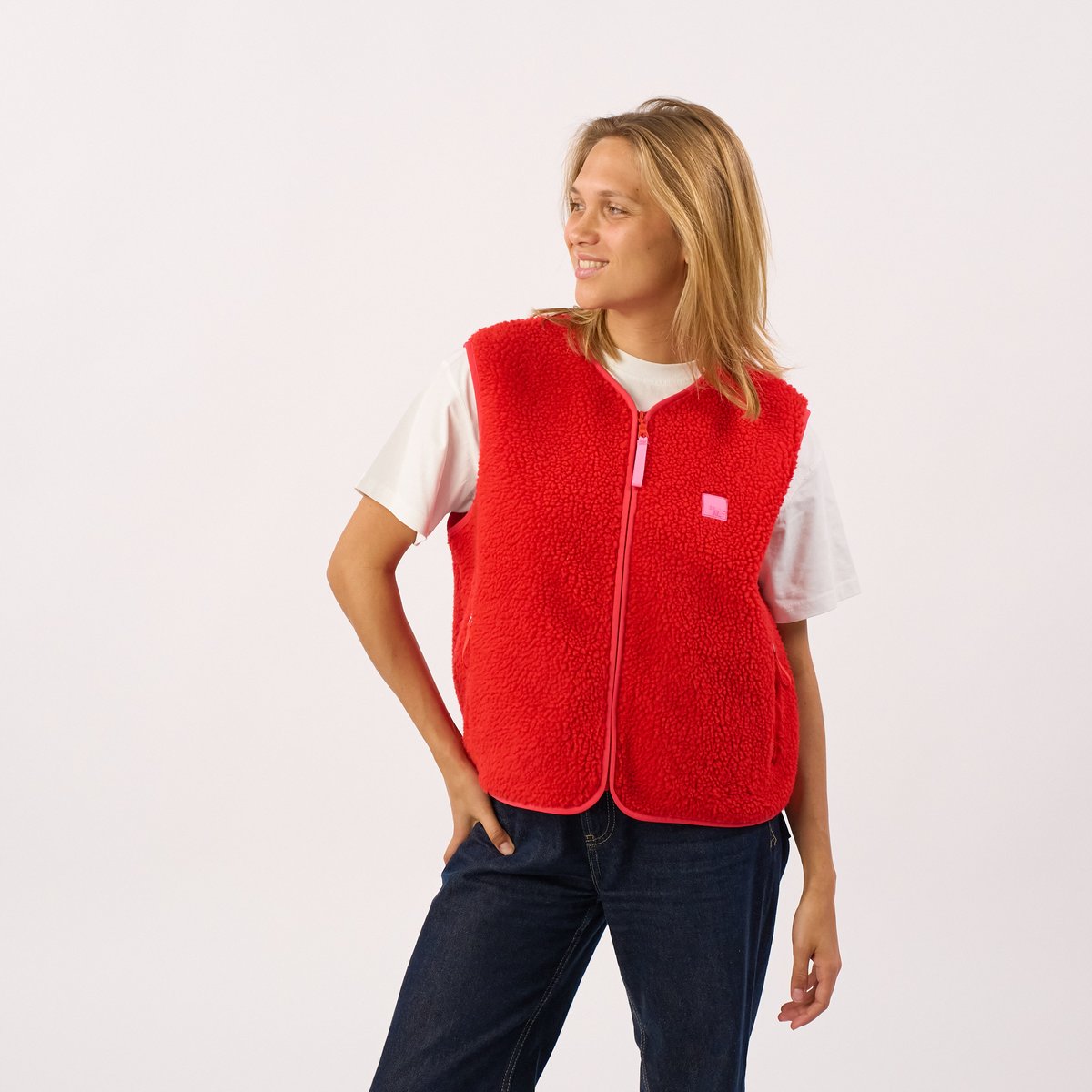 Veste sherpa zippée sans manches rouge, BILLYBELT