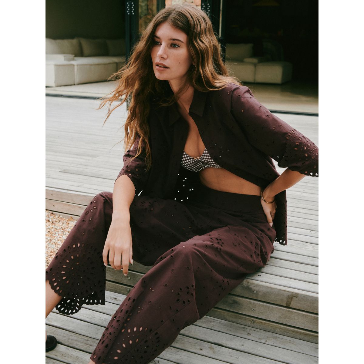 Pantalon large court avec broderie marron chocolat, NEXT