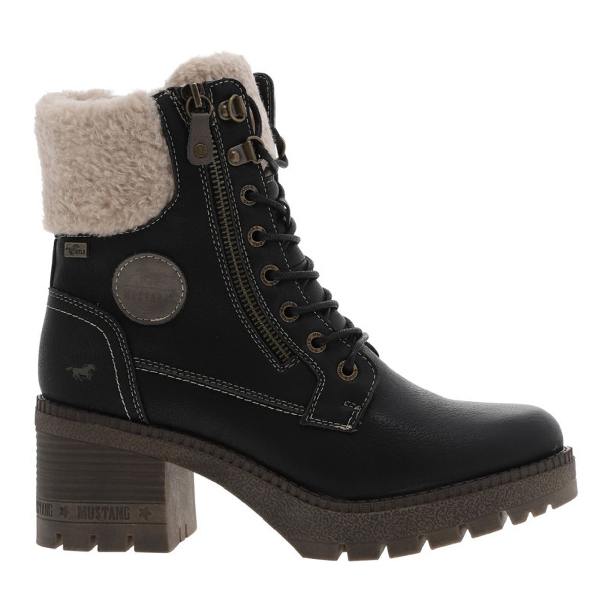 Bottines noires à talon décroché moyen avec un zip et des lacets ronds noires, MUSTANG