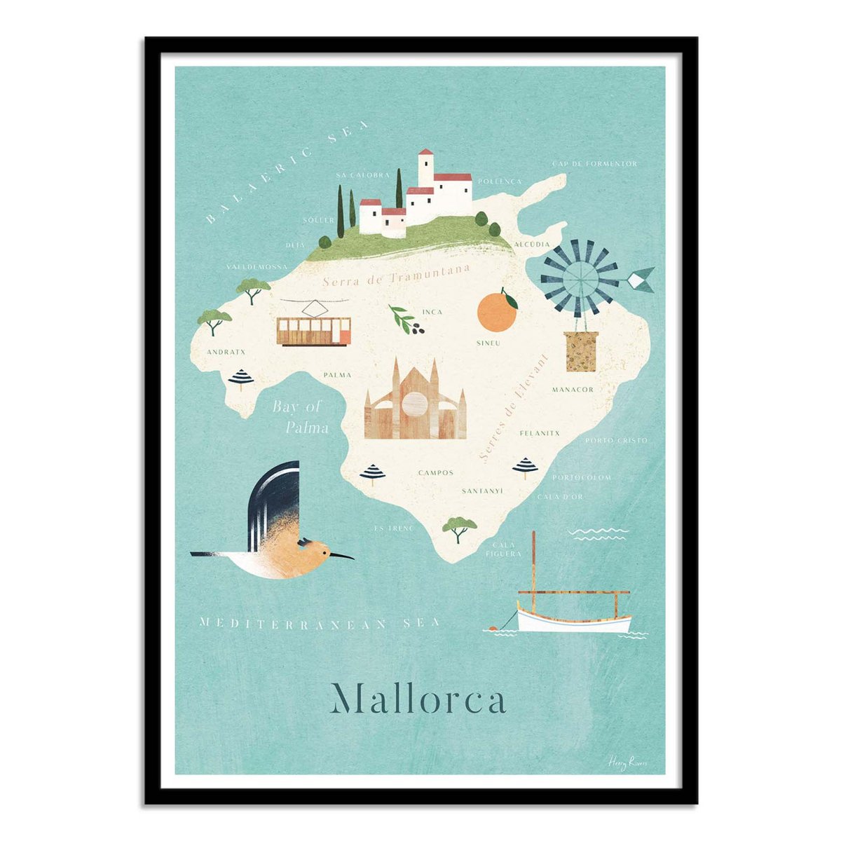 Affiche d'art - Mallorca Map Travel Poster - Henry Rivers turquoise, WALL EDITIONS