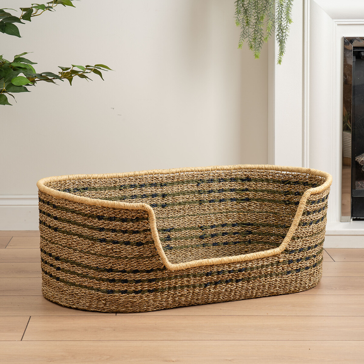 Green and Natural Check Woven Pet Bed with Cushion Large natural, SO'HOME