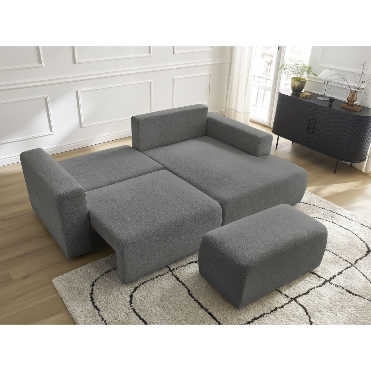 Canapé d'angle convertible 5 places en tissu chiné avec pouf, ATILLA gris foncé, BOBOCHIC