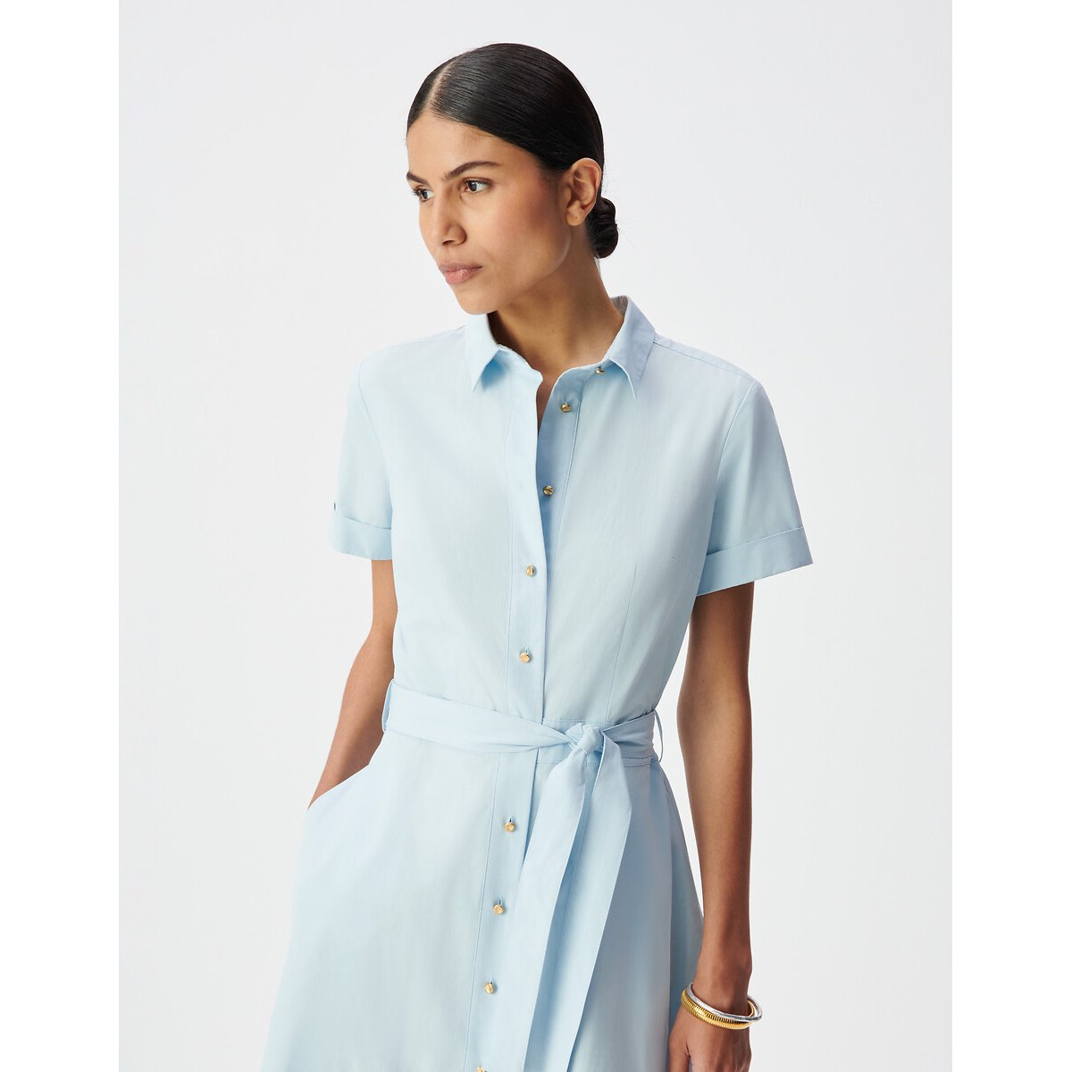 Vestido camisero midi de manga corta con cinturón azul chambray, IKKS