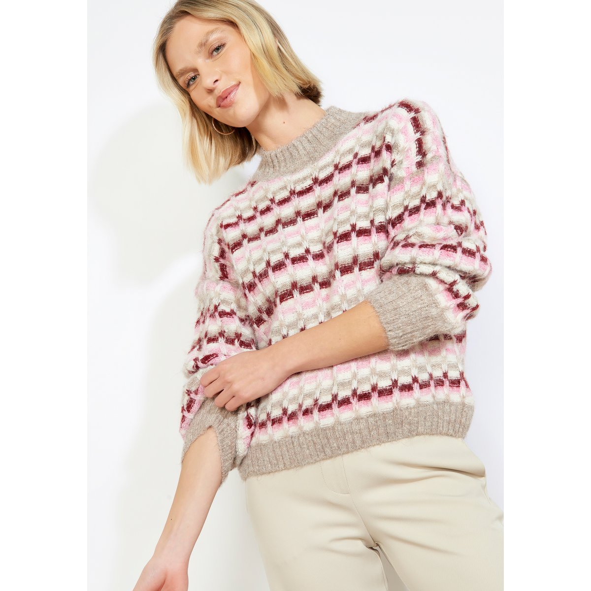 Pull graphique en maille duveteuse taupe, LOLALIZA