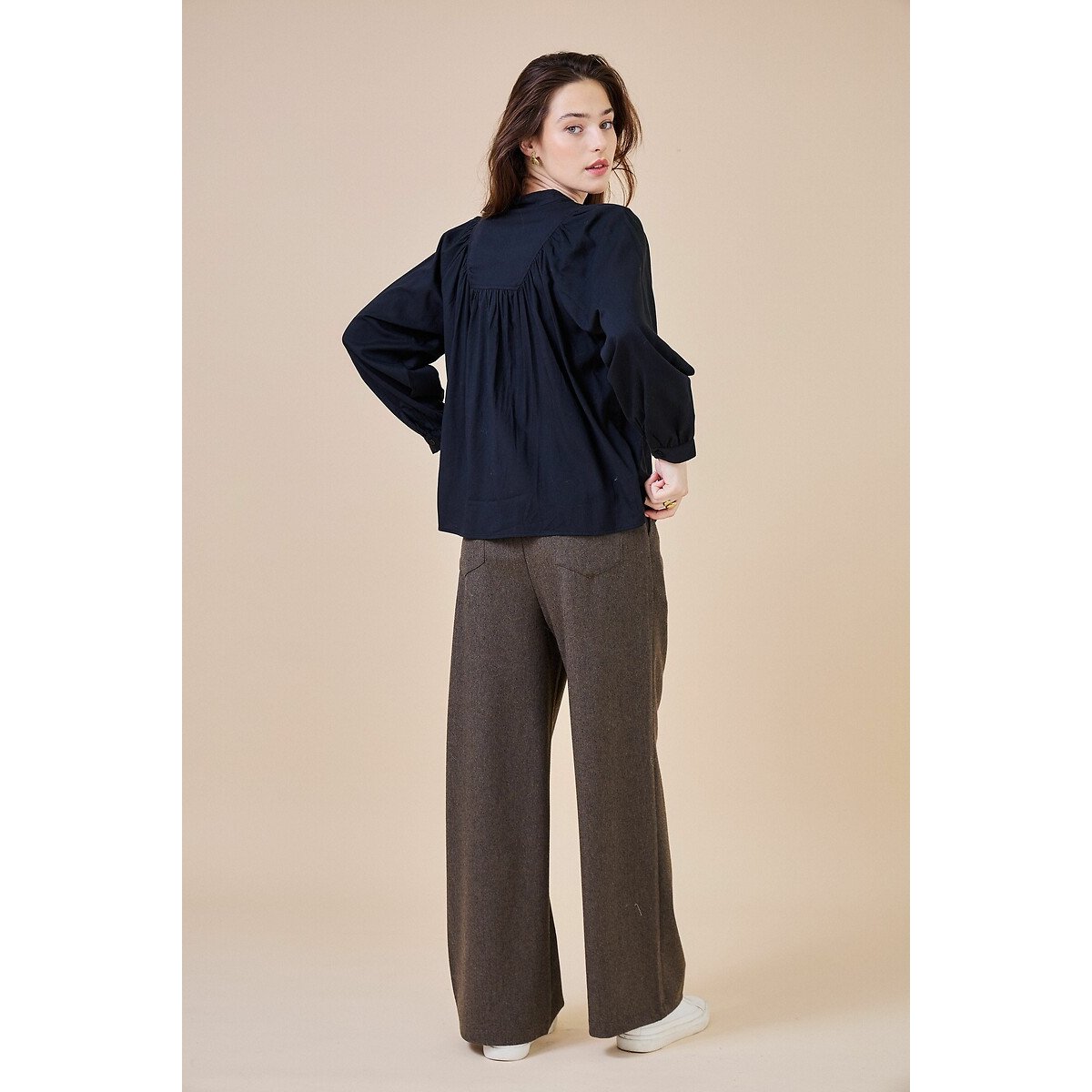 Mandarin Collar Blouse with Button Fastening black, SEE U SOON