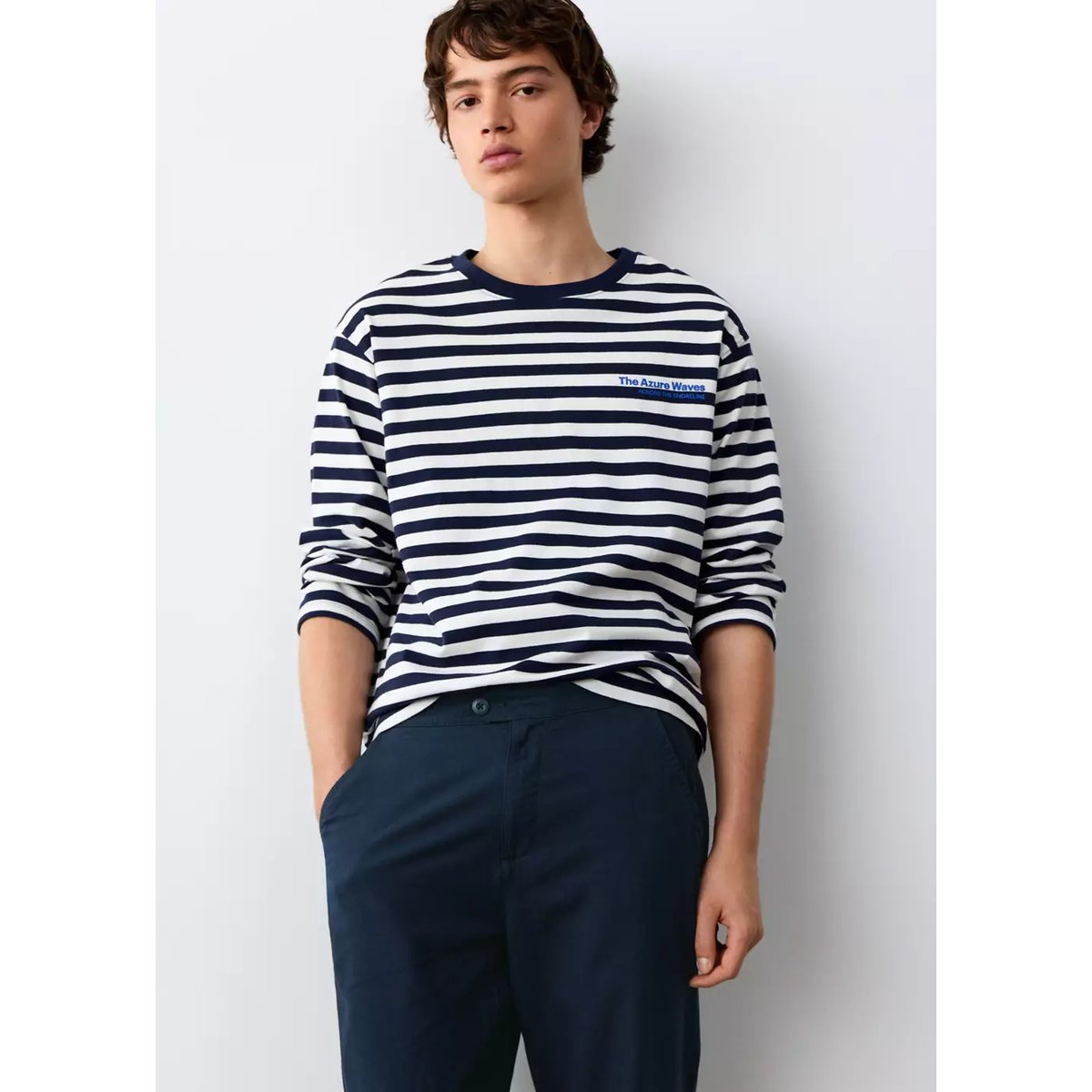 Pantalon lin coton bouton bleu marine, MANGO TEEN