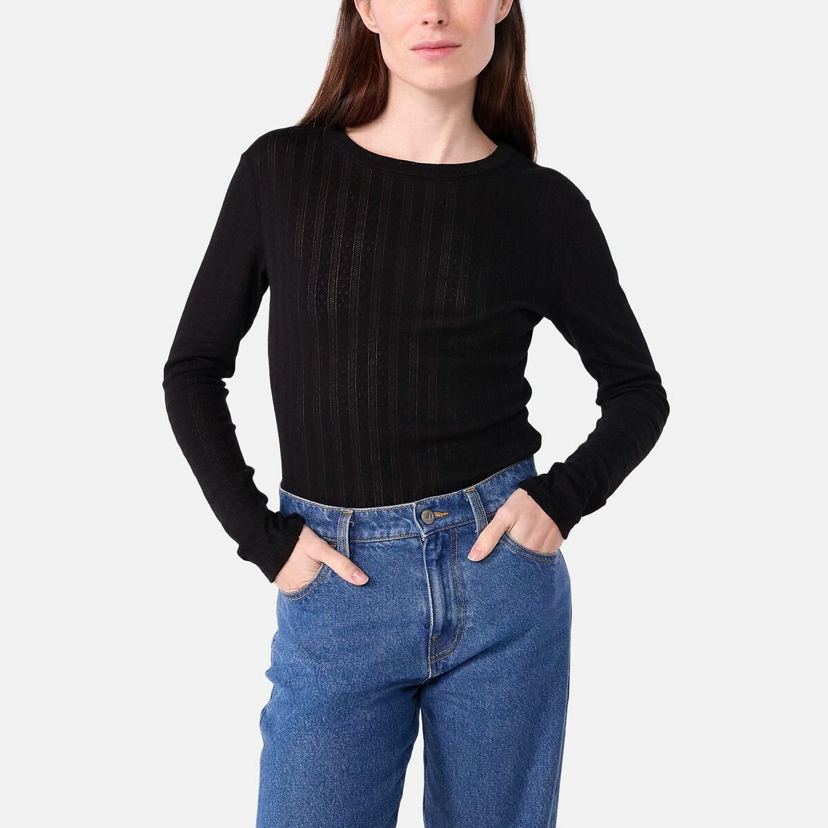 T-shirt femme l'iconique en coton ajouré noir, PETIT BATEAU