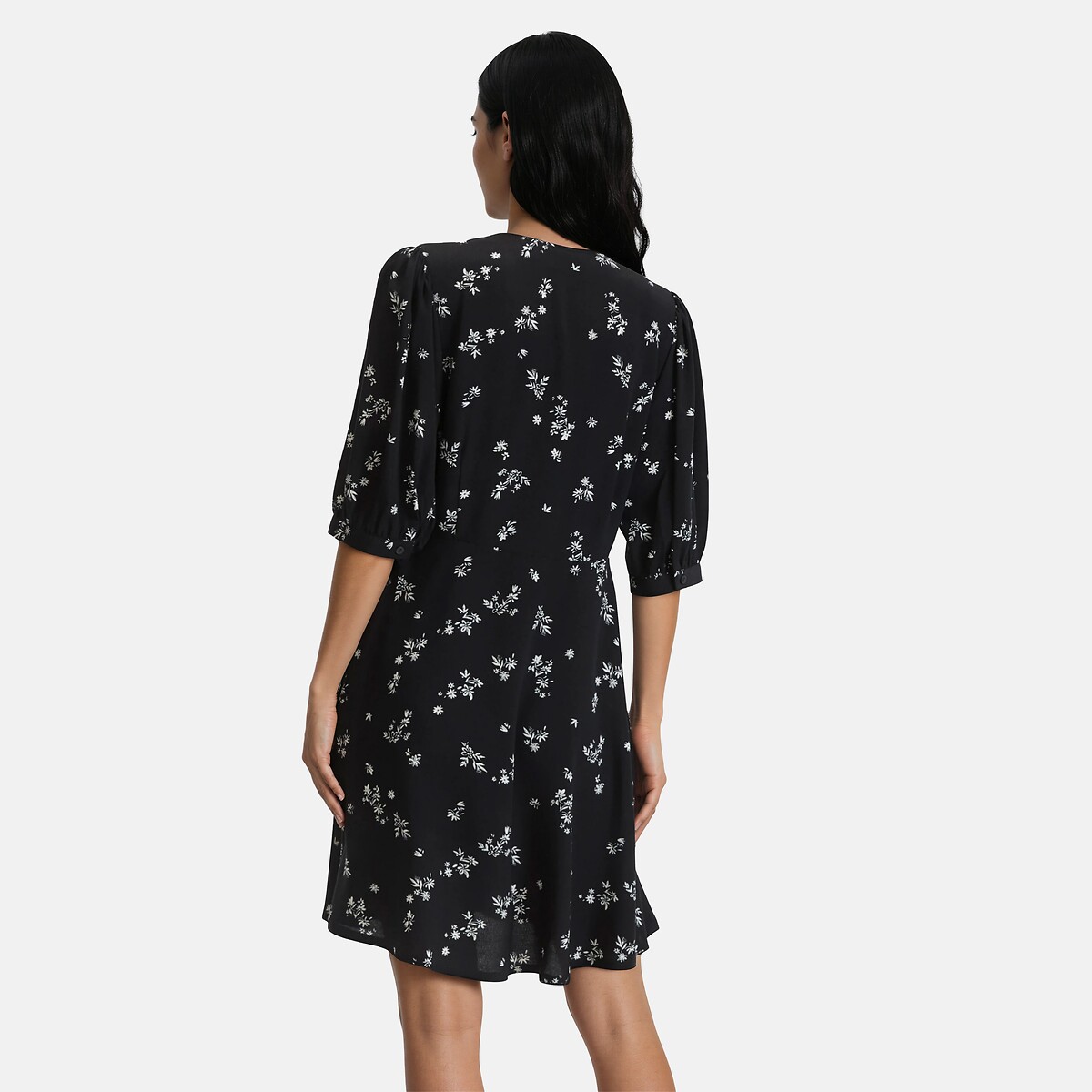Robe courte et droite, imprimé floral, manches courtes imprimé fond noir, LA REDOUTE COLLECTIONS