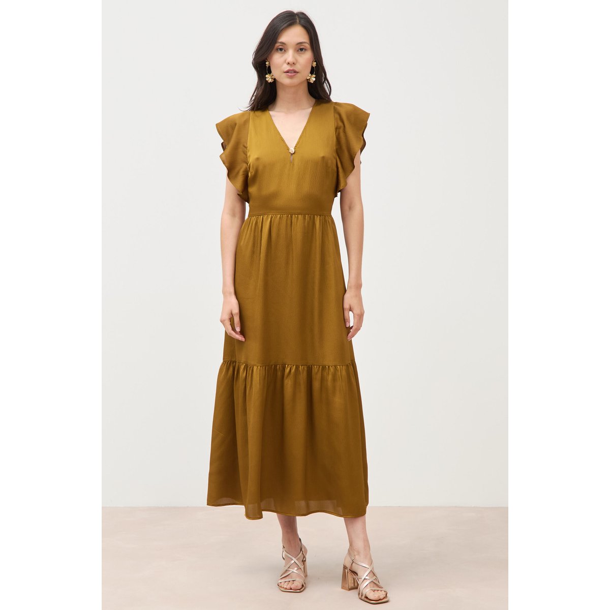 Robe fluide col v manches courtes vert fonce, BONOBO