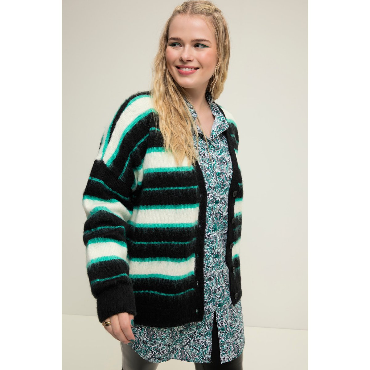 Cardigan, oversized, rayures, col V bleu turquoise, STUDIO UNTOLD