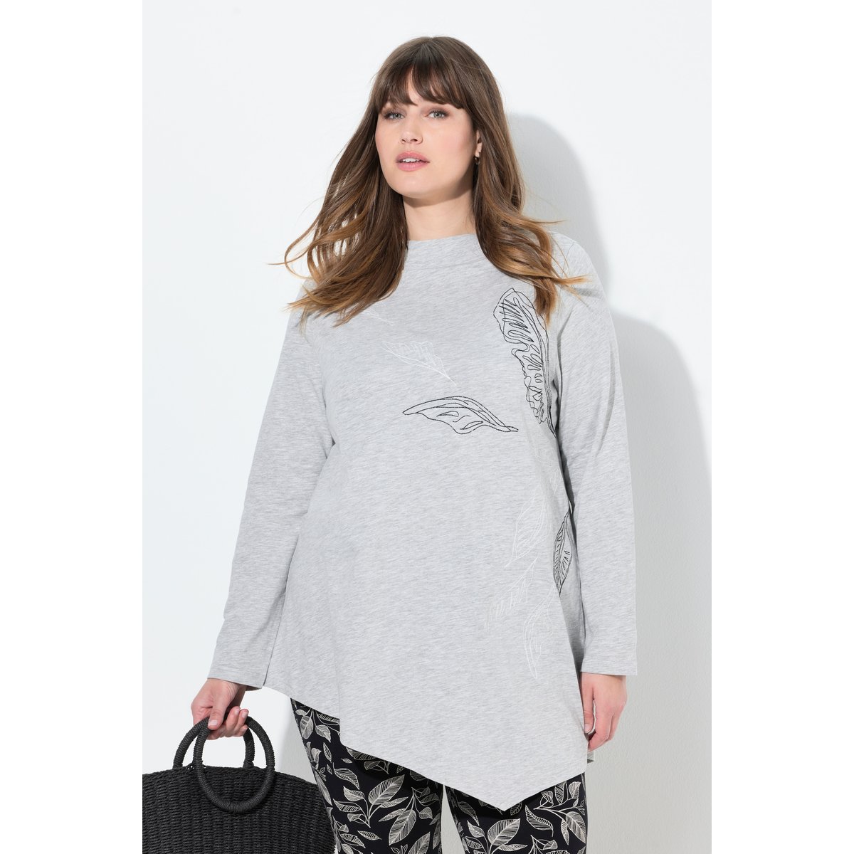 T-shirt long à col montant et manches gris chiné, ULLA POPKEN