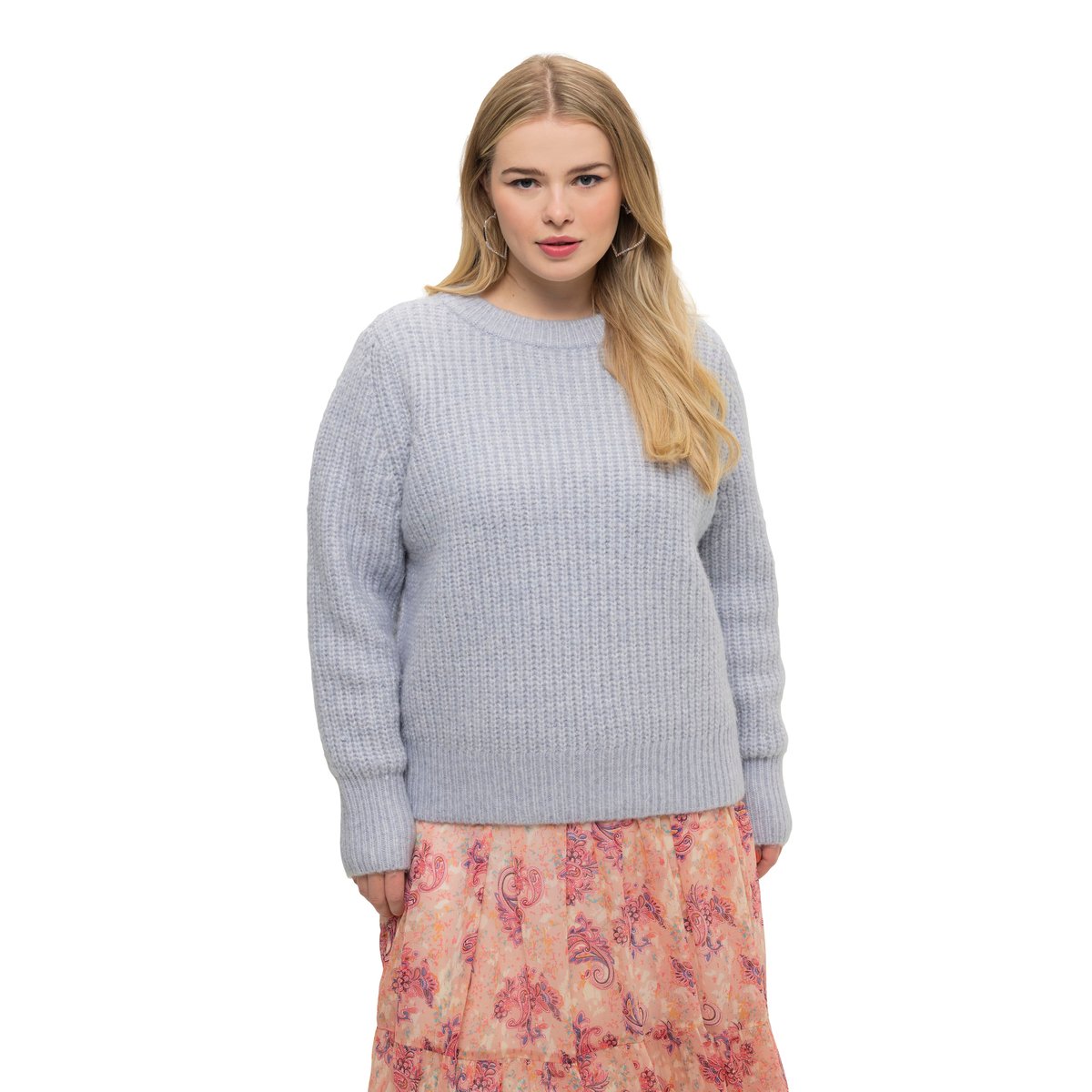 Pull boxy en maille côtelée à col rond et bleu clair tendre, STUDIO UNTOLD