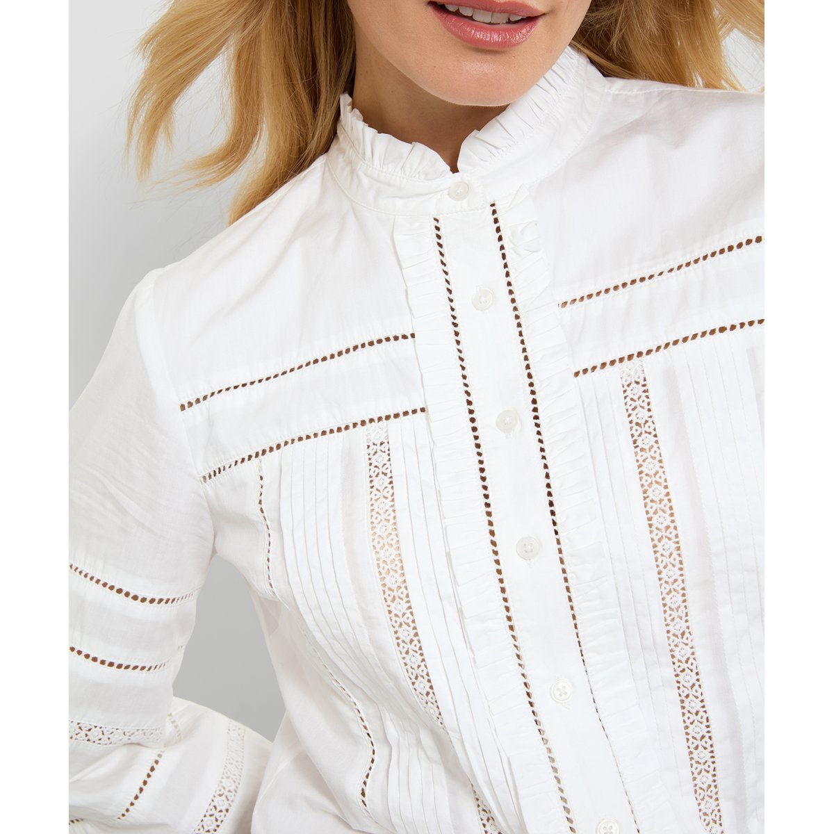 Blouse à Col à Volant et Manches Ballon Florence blanc, JOE BROWNS