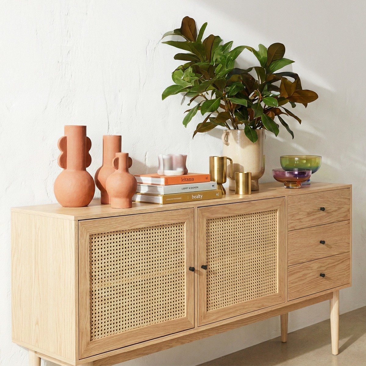 Buffet 2 portes 3 tiroirs en cannage et bois - EDEN naturel, HOMIFAB