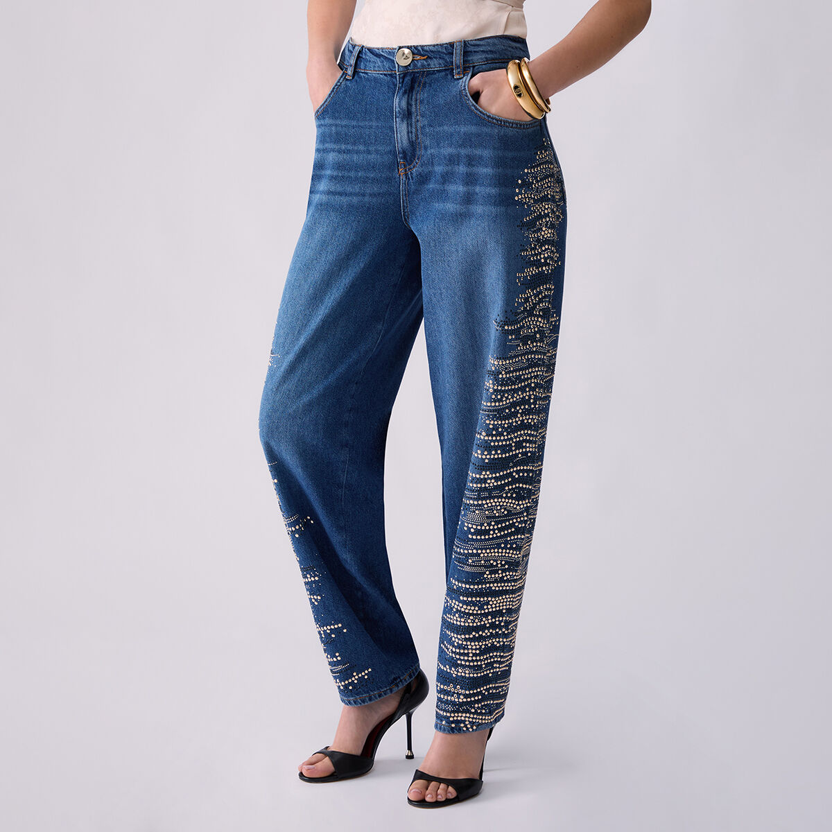 Jean droit avec broderies bijoux denim bleu, LIU JO