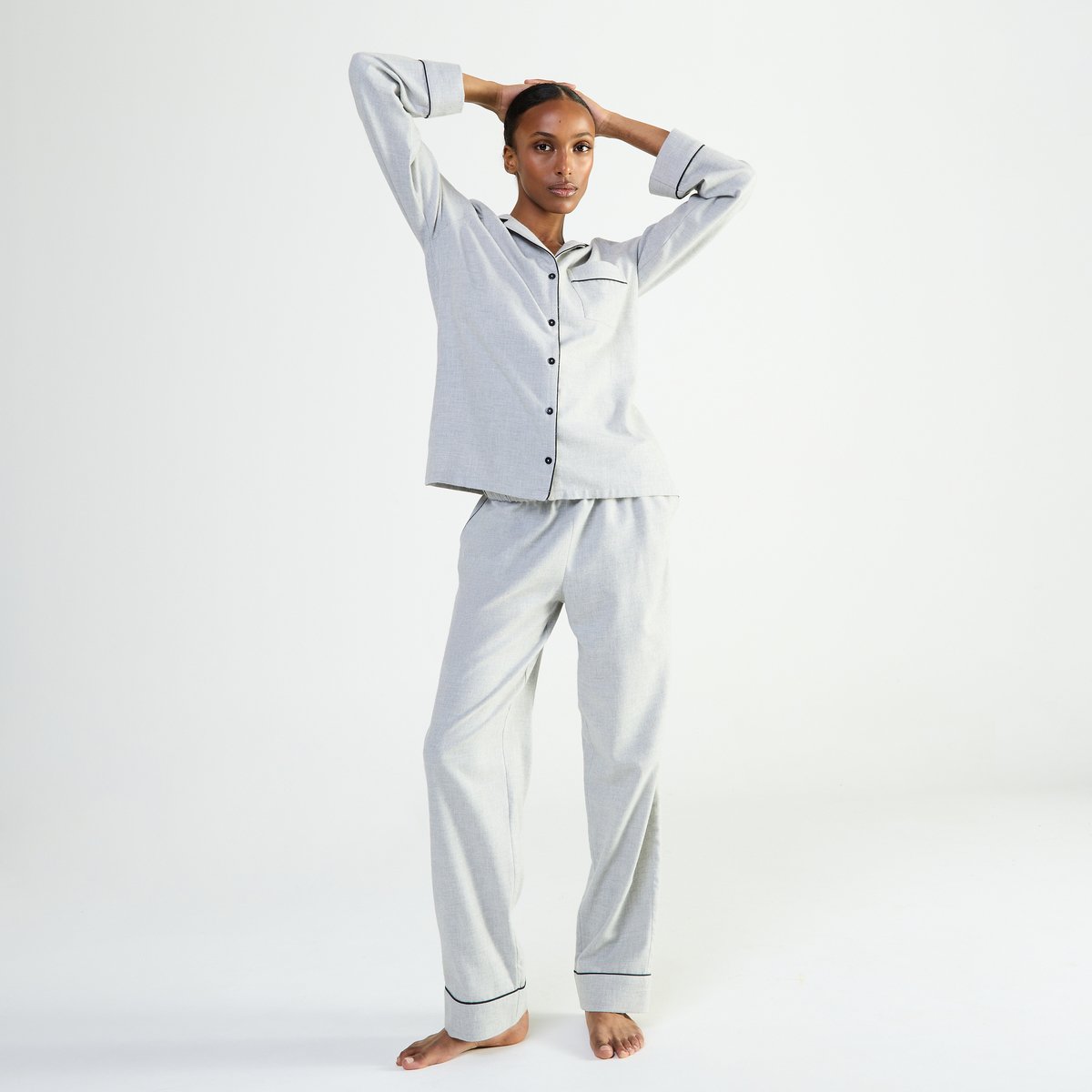 Pyjama col tailleur en flanelle de coton RADIEUSE gris chine, LAURENCE TAVERNIER