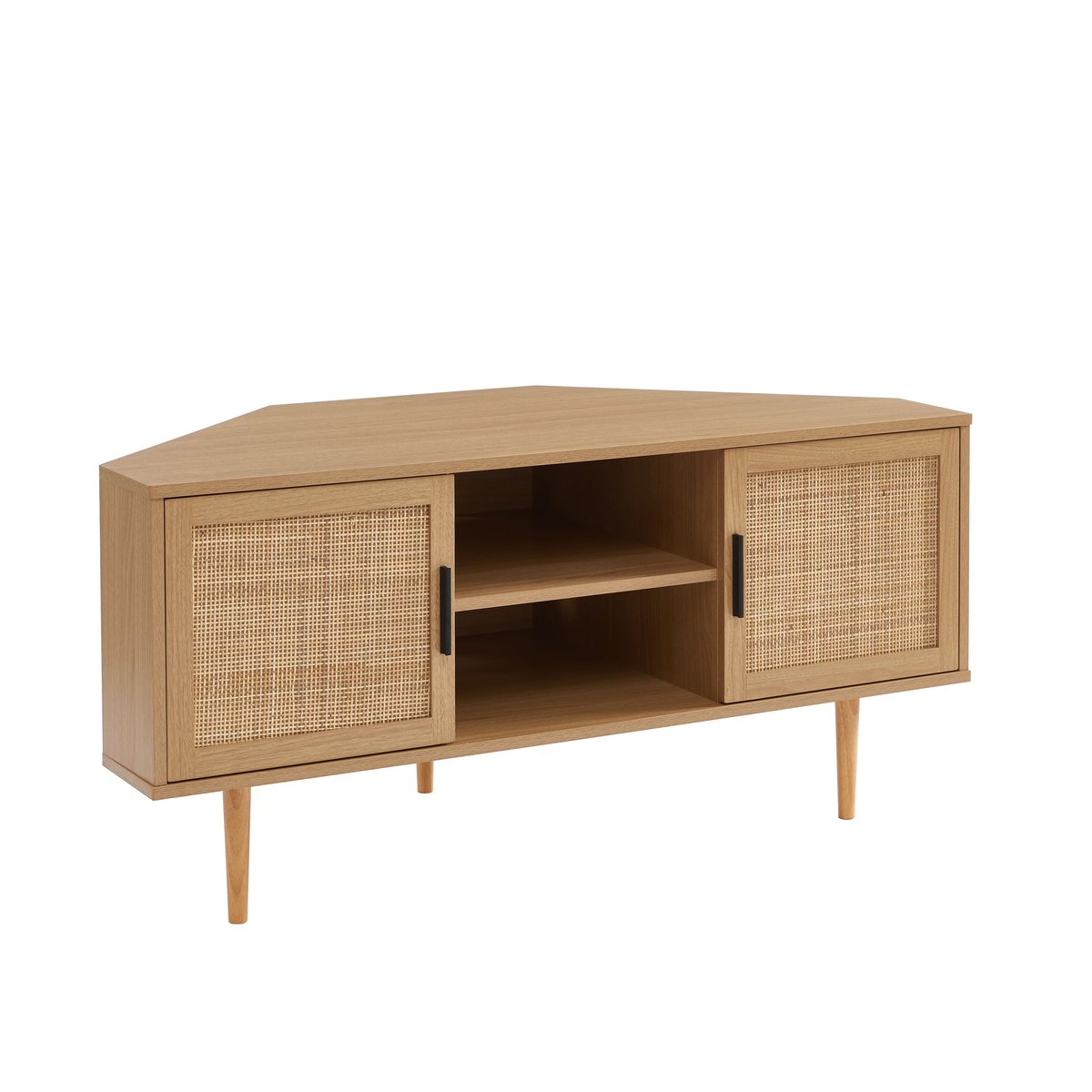 Meuble TV d'angle cannage 2 portes AMANA chêne clair, BAÏTA