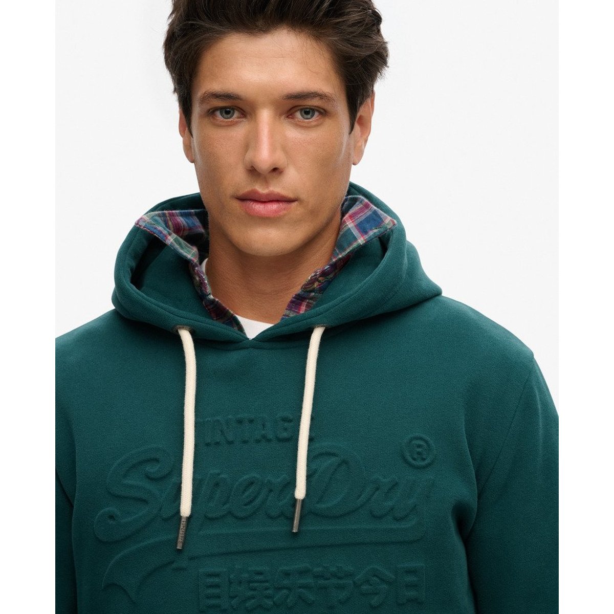 Sweat à capuche à logo graphique en relief vert fourneau, SUPERDRY