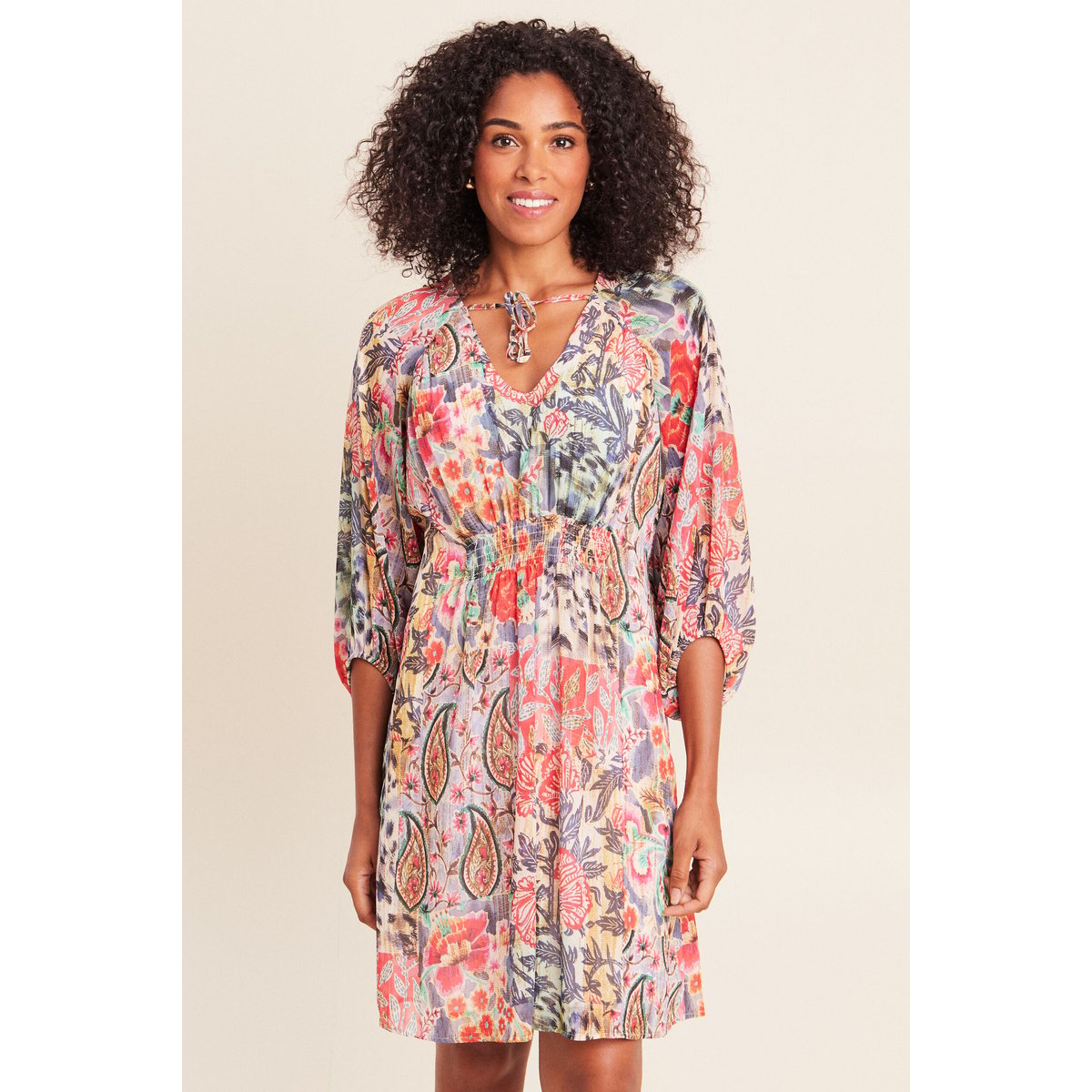 Robe courte évasée col v manches 3/4 multicolore, BREAL