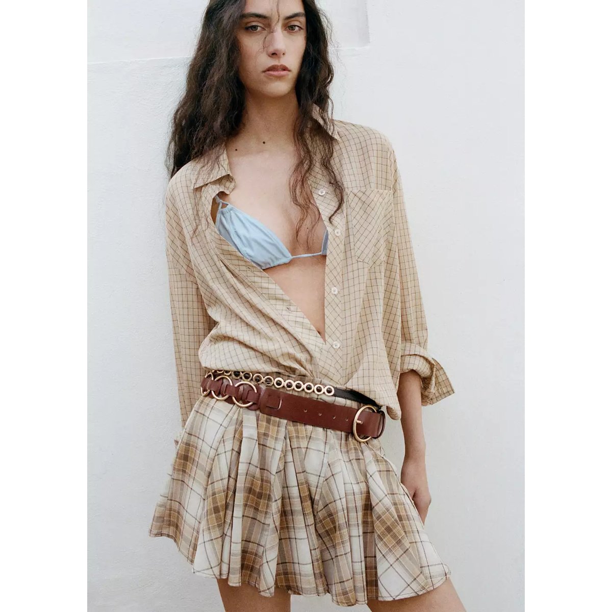 Jupe plissée carreaux marron, MANGO