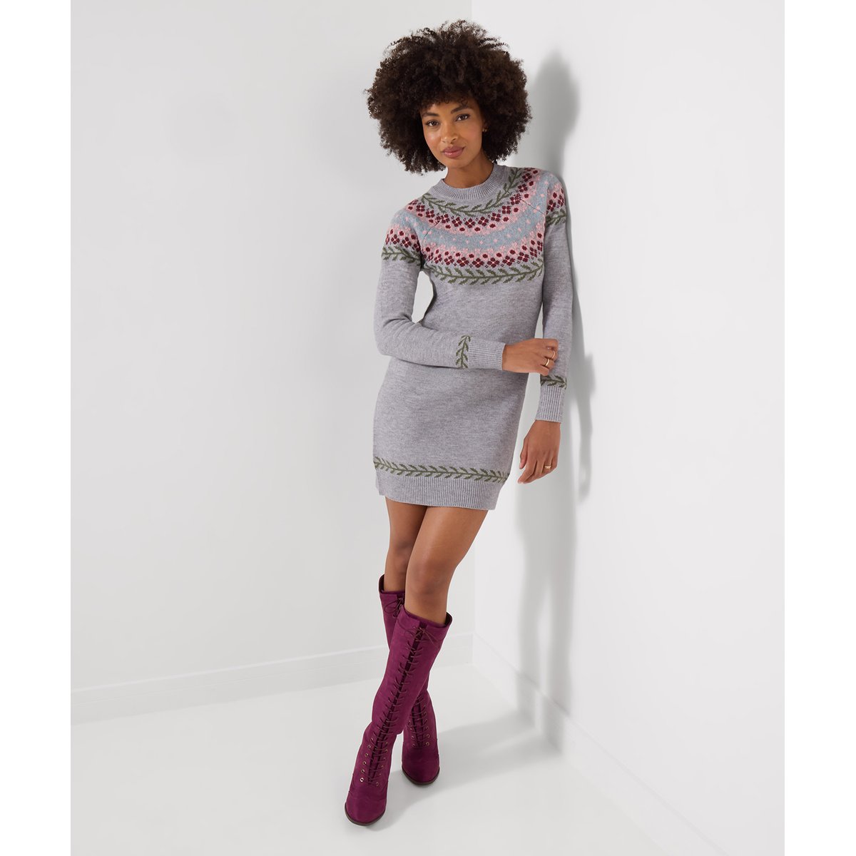 Robe en Maille Jacquard Fair Isle Fleurie gris, JOE BROWNS