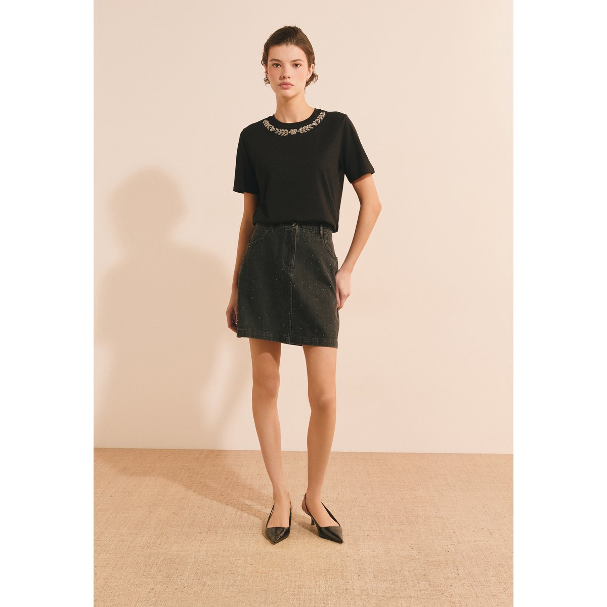 T-shirt manches courtes avec strass en coton ADRIANO noir, ETAM