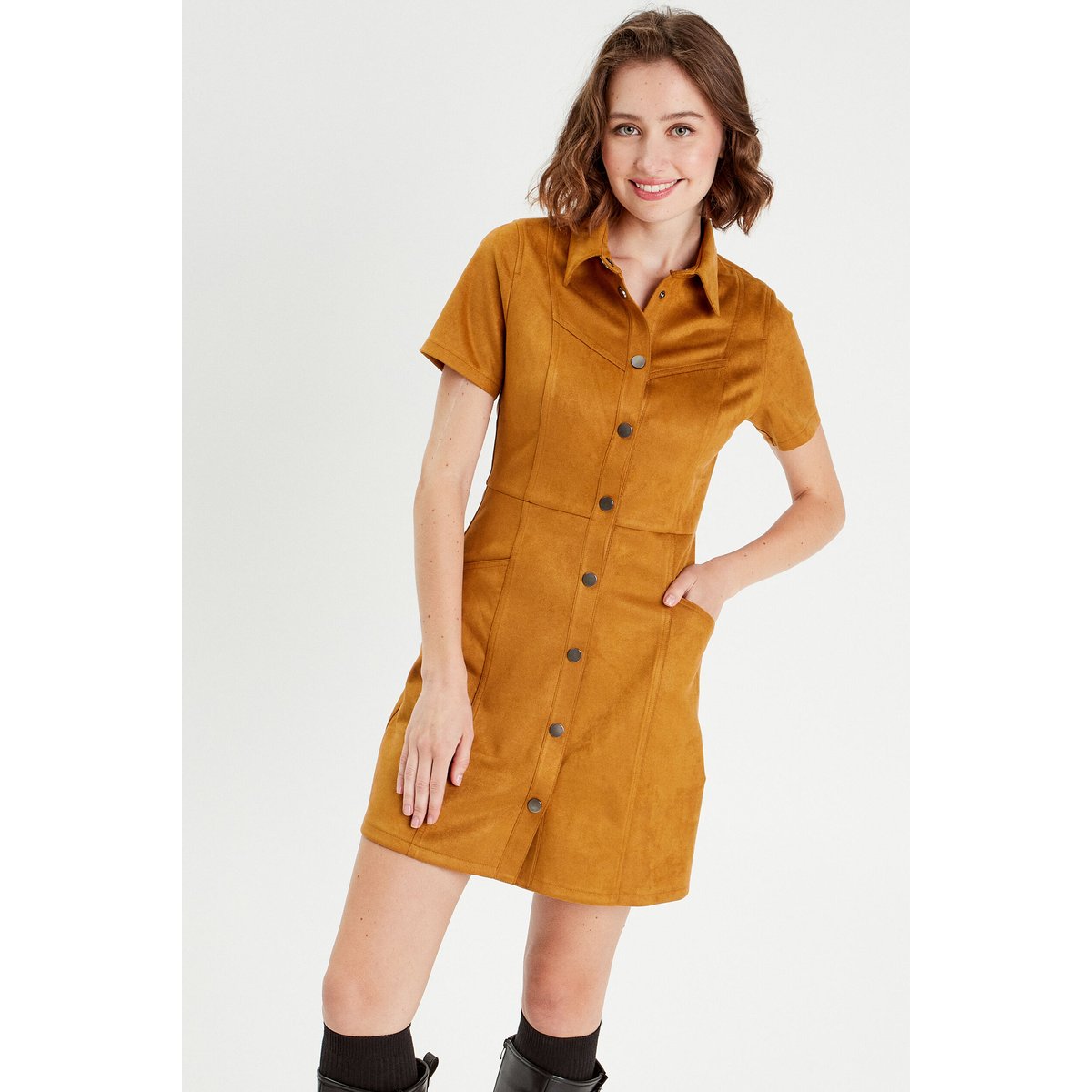 Robe droite boutonnée suédine camel, CACHE CACHE