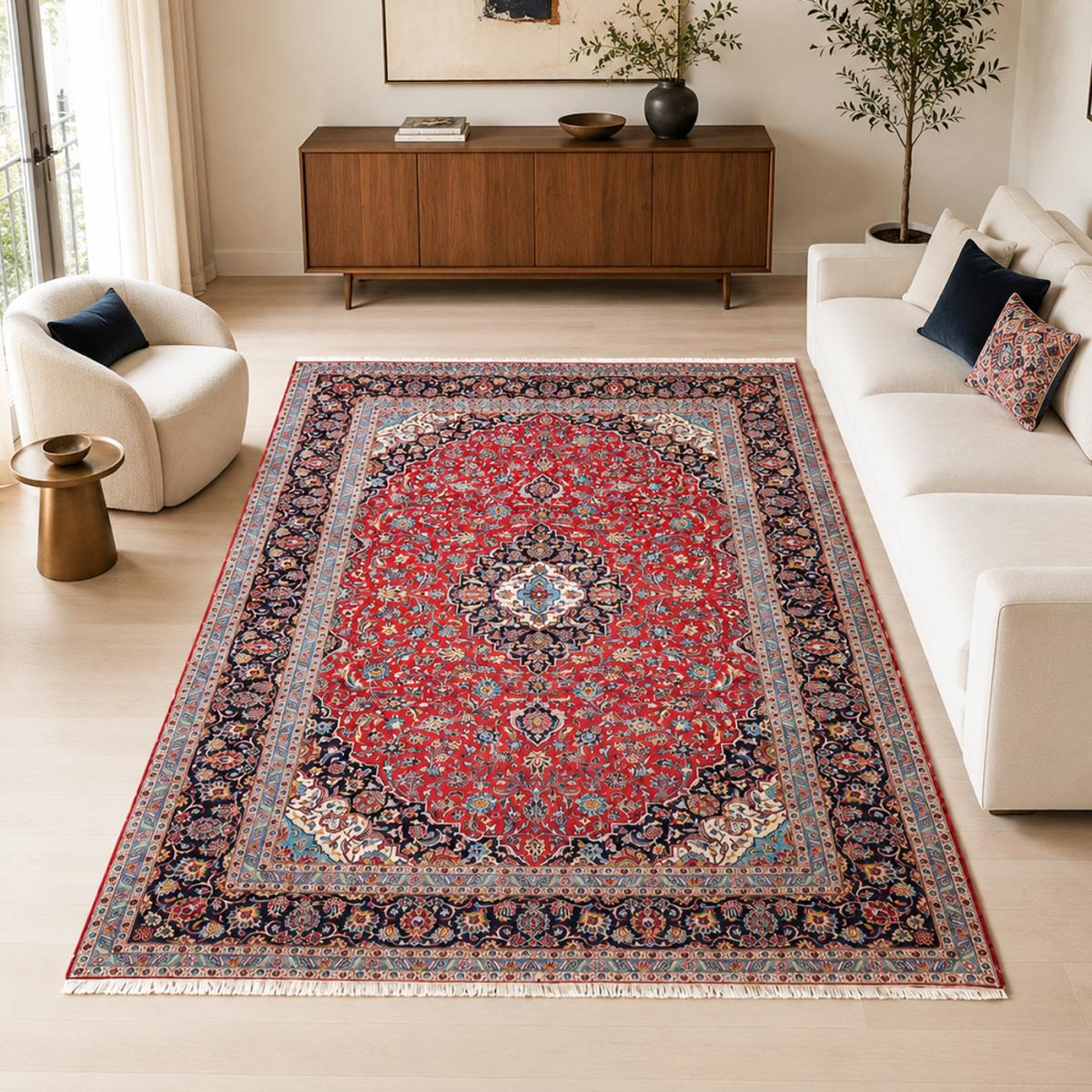 Tapis d'orient au motif oriental, noué main en laine, ARDAKAN 8 rouge, bleu, crème, UN AMOUR DE TAPIS