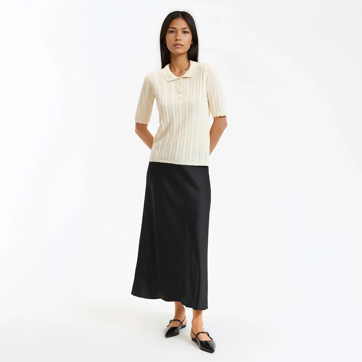 Pull col polo en coton, fine maille ajourée ivoire, LA REDOUTE COLLECTIONS